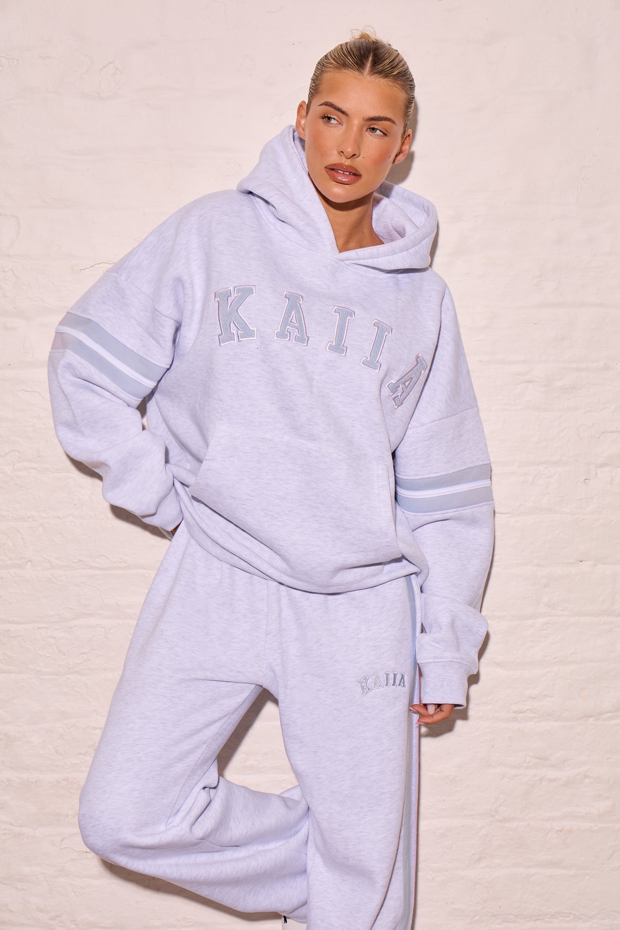 Kaiia Arm Detail Oversized Hoodie Light Grey Marl & Dusty Blue Kaiia Arm Detail Oversized Hoodie Light Grey Marl & Dusty Blue