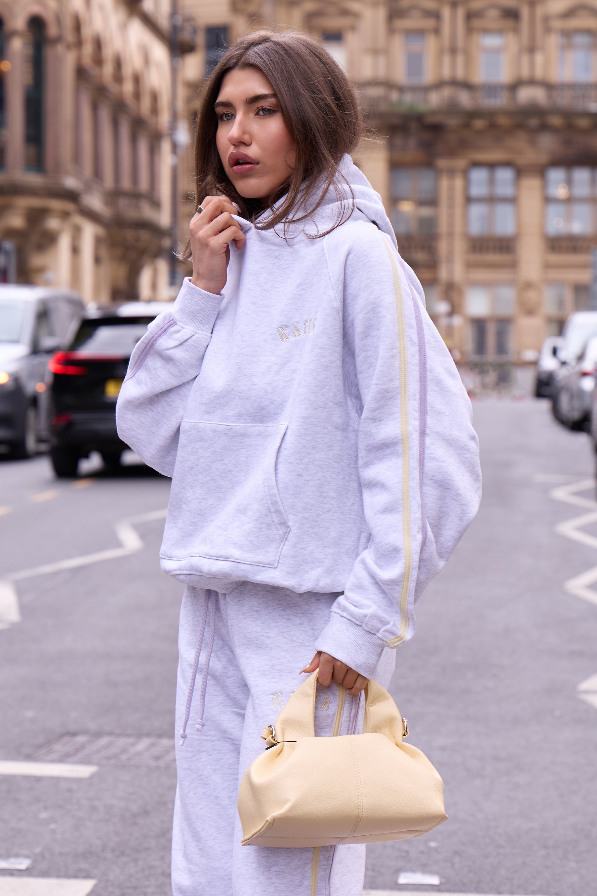 Kaiia Sport Side Stripe Wide Leg Joggers Light Grey Marl With Lemon & Lilac Kaiia Sport Side Stripe Wide Leg Joggers Light Grey Marl With Lemon & Lilac