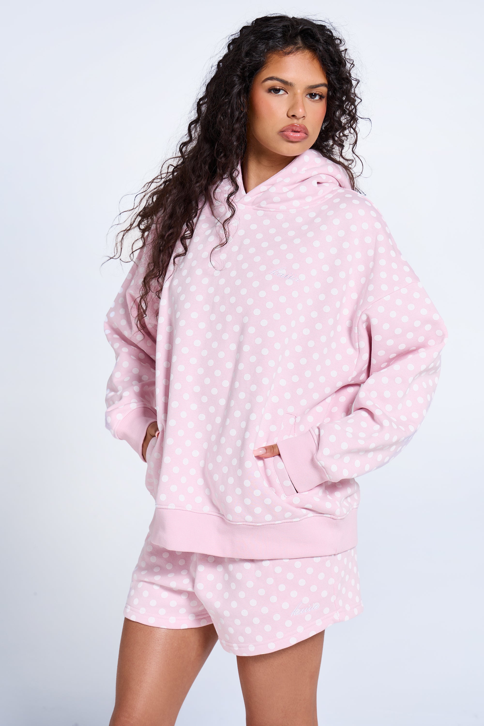 Kaiia Polka Dot Oversized Hoodie Baby Pink & White Kaiia Polka Dot Oversized Hoodie Baby Pink & White