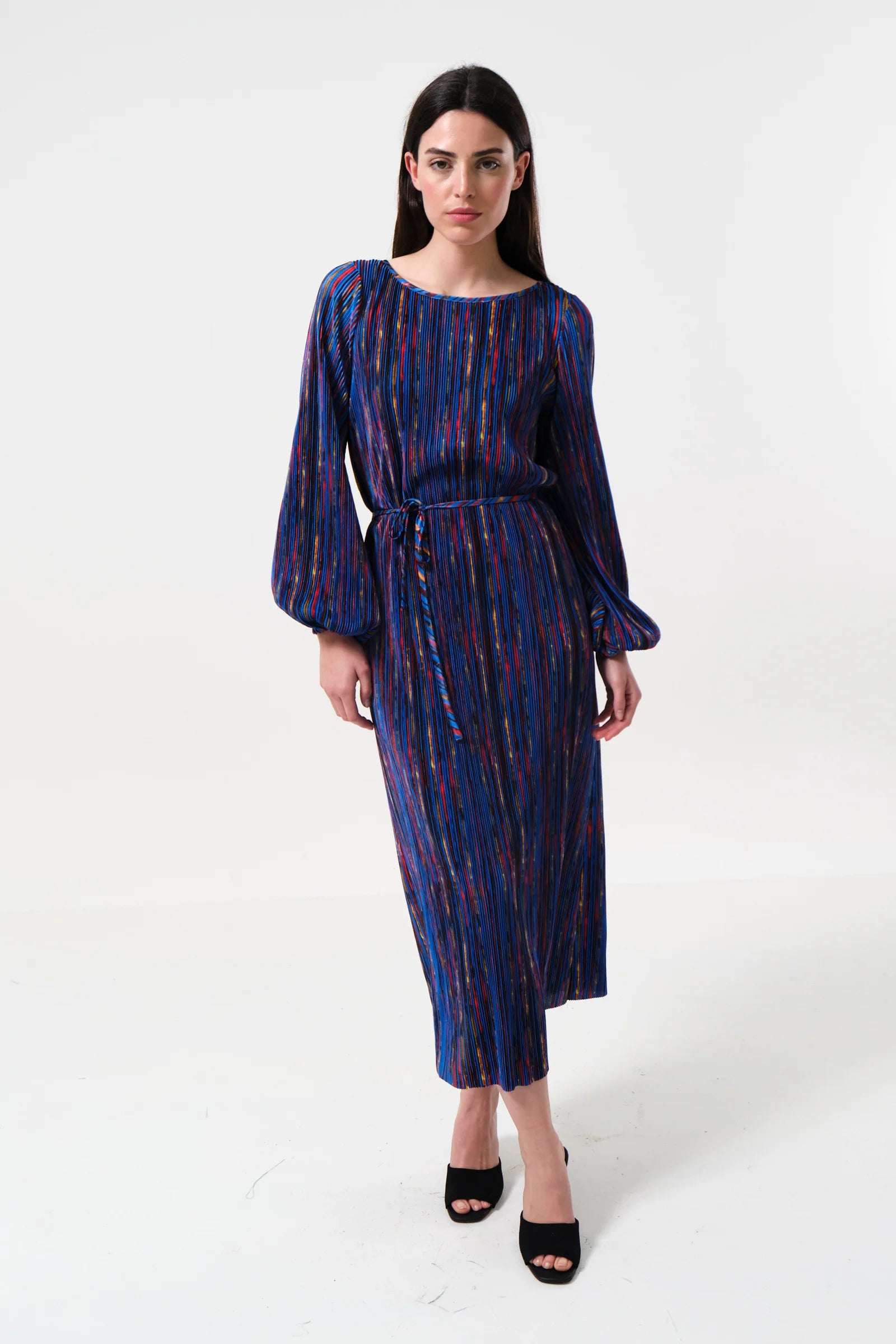 Milene Abstract Pleat Tie Waist Midi Dress – Multicolour Milene Abstract Pleat Tie Waist Midi Dress – Multicolour