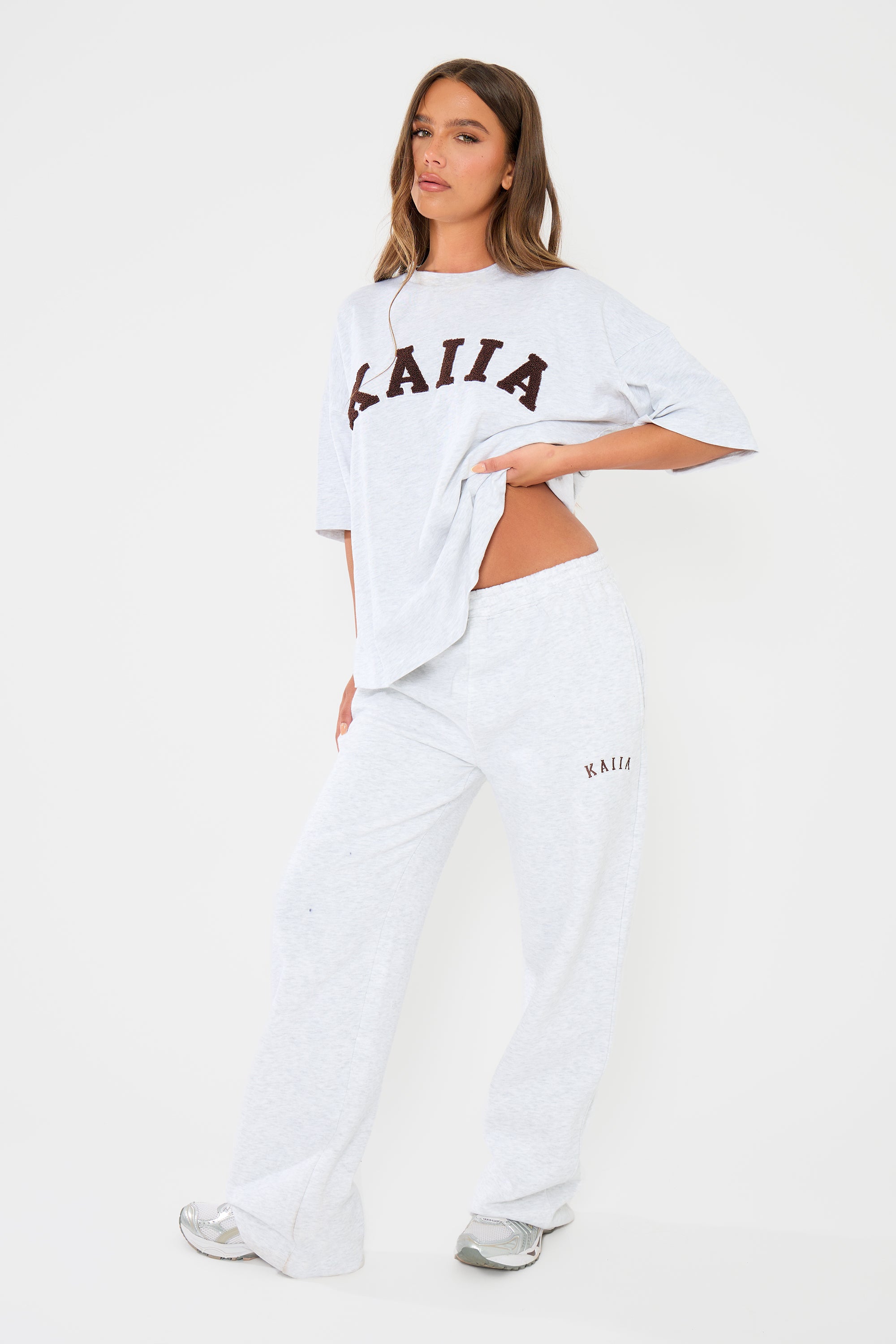 Kaiia Logo Wide Leg Joggers Light Grey Marl & Dark Brown Kaiia Logo Wide Leg Joggers Light Grey Marl & Dark Brown