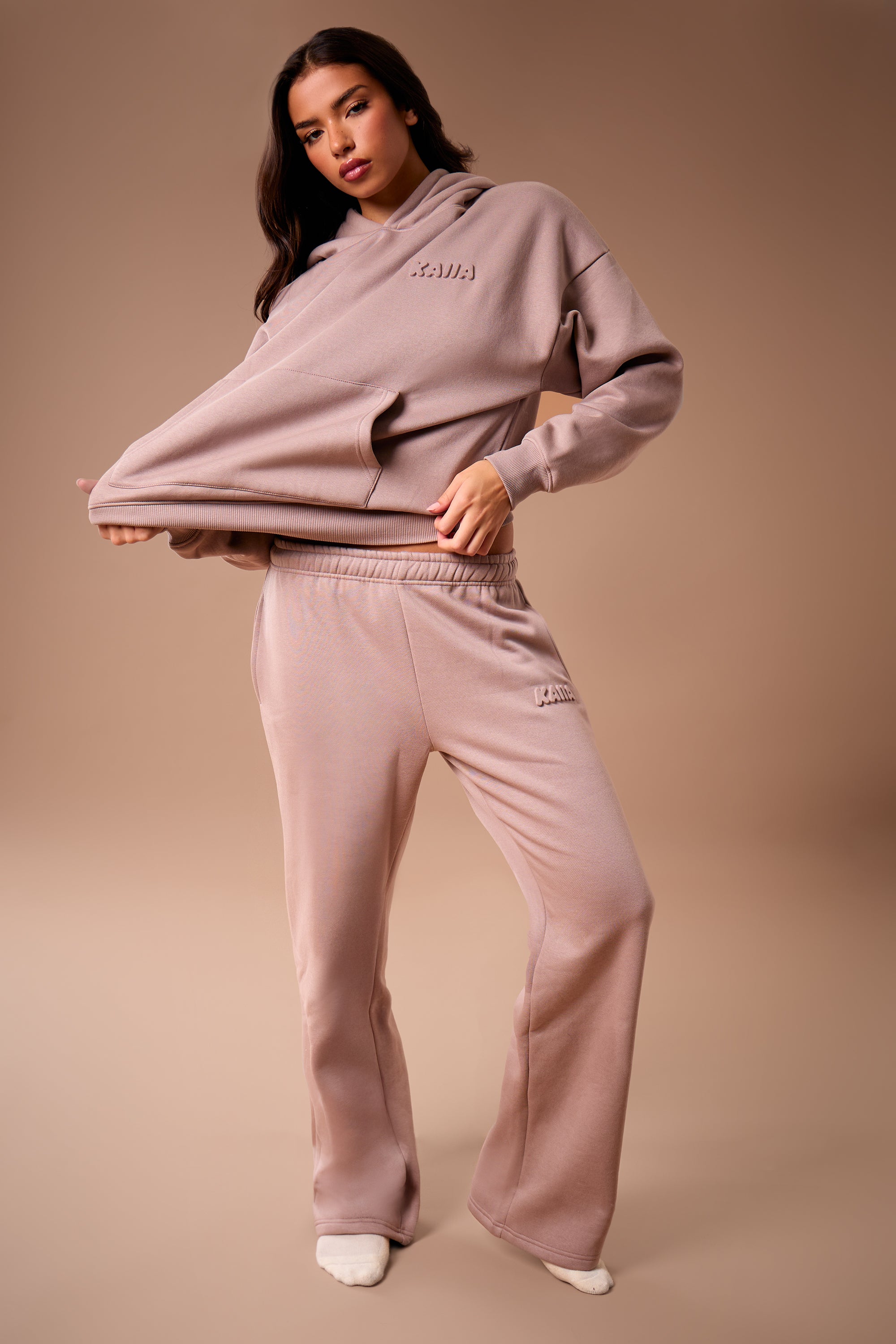 Kaiia Embossed Bubble Logo Wide Leg Joggers Clay Kaiia Embossed Bubble Logo Wide Leg Joggers Clay