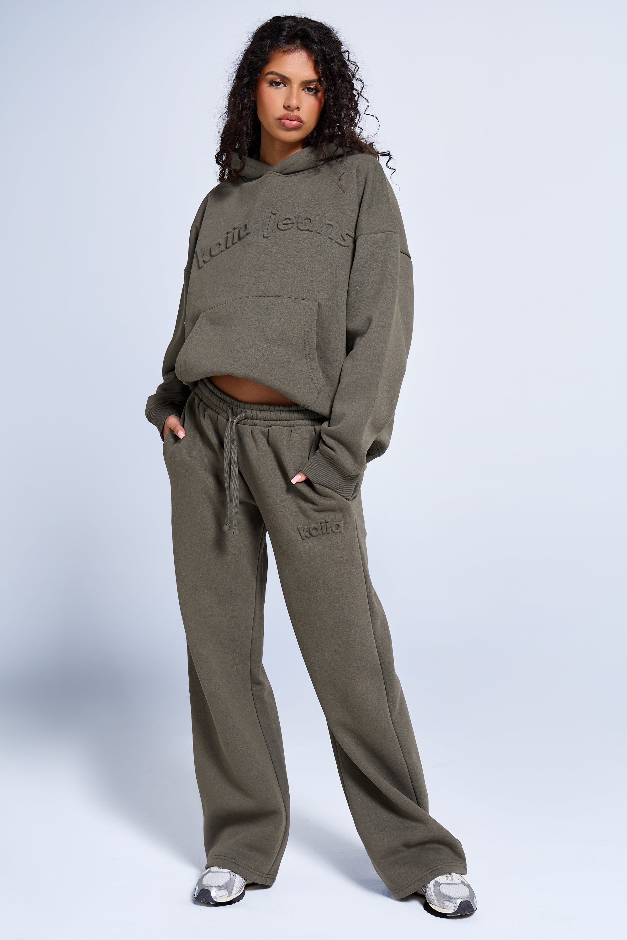 Kaiia Jeans Embossed Wide Leg Joggers Smoke Olive Kaiia Jeans Embossed Wide Leg Joggers Smoke Olive