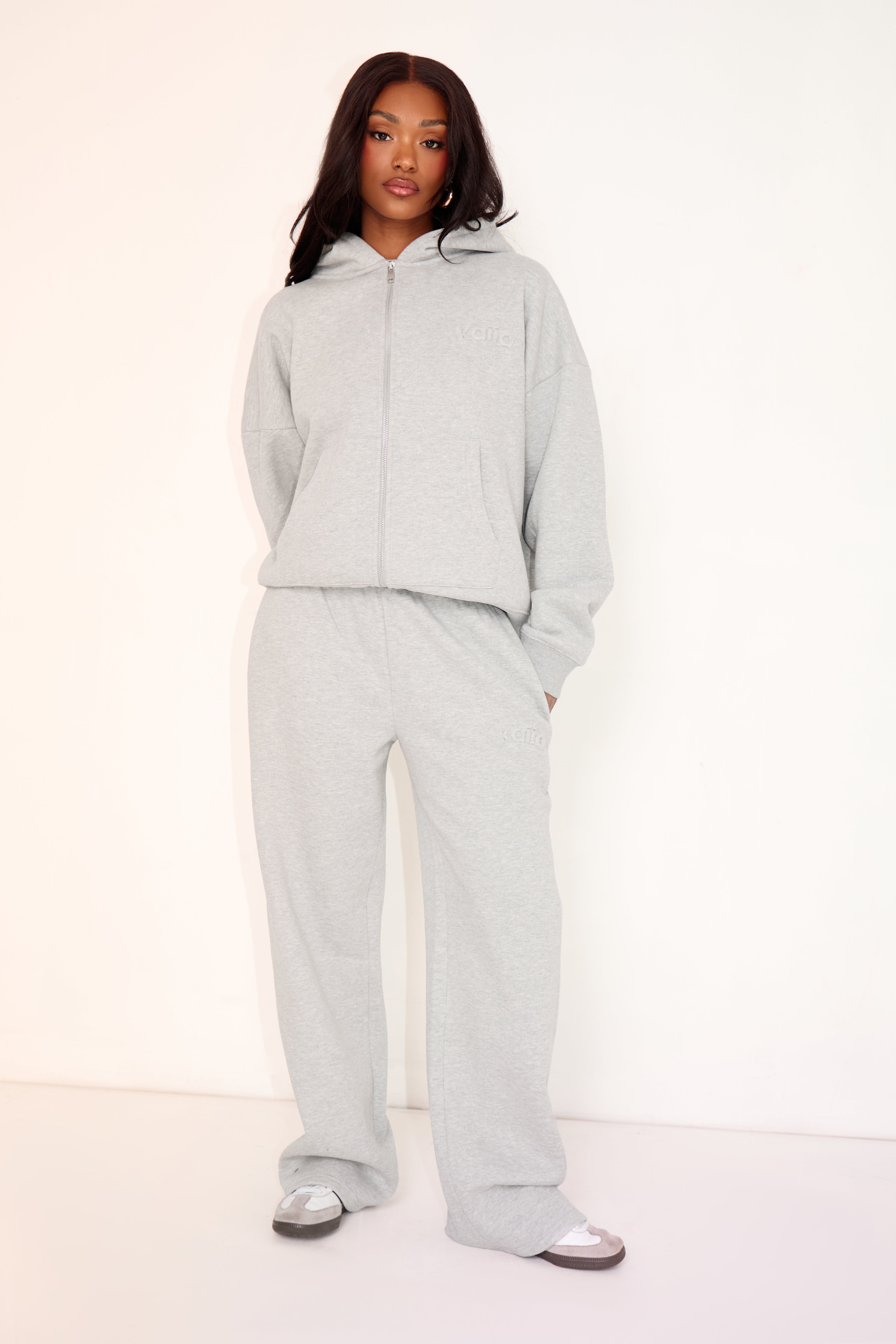 Kaiia Embossed Logo Wide Leg Joggers Mid Grey Marl Kaiia Embossed Logo Wide Leg Joggers Mid Grey Marl