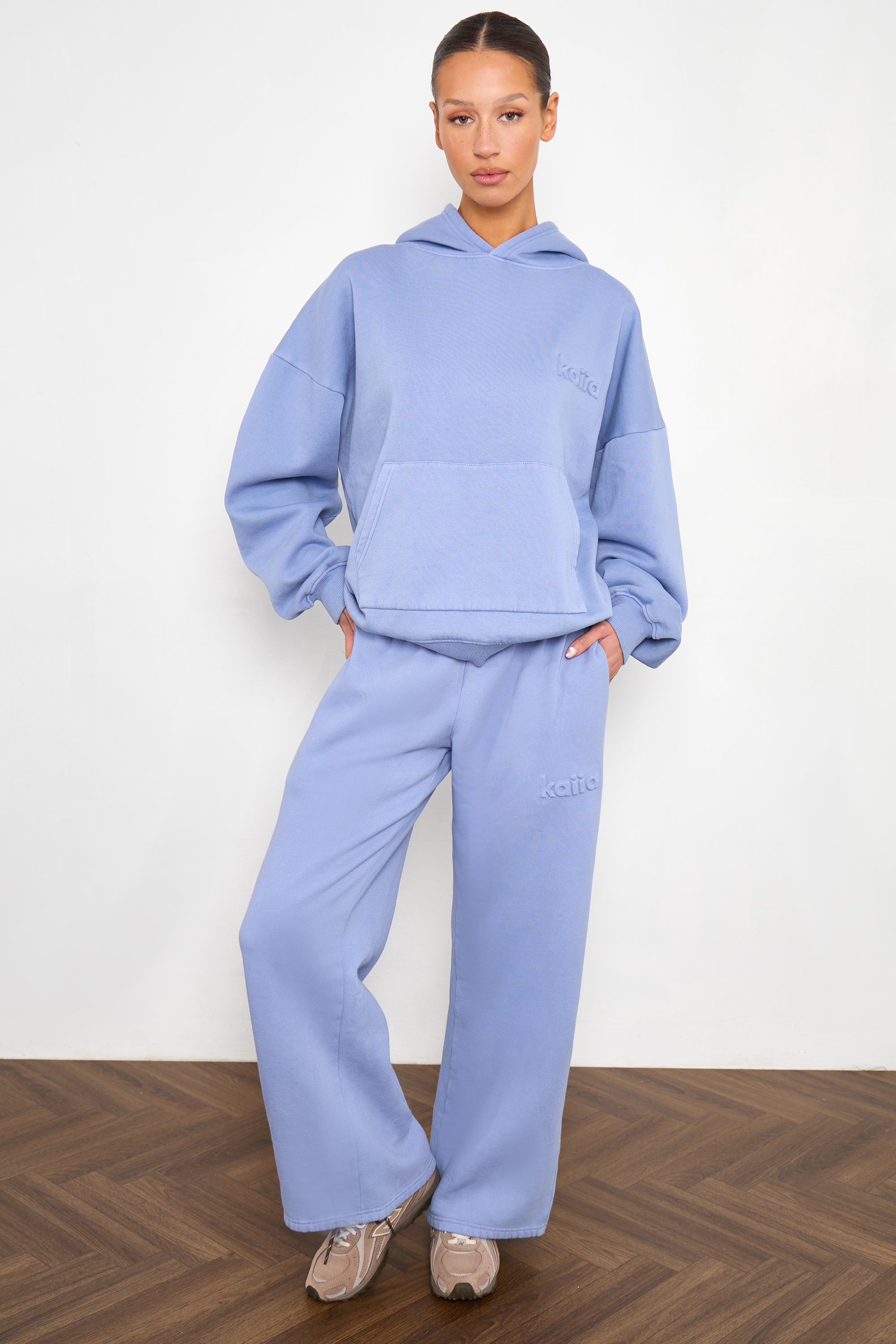 Kaiia Embossed Wide Leg Joggers Washed Periwinkle Blue Kaiia Embossed Wide Leg Joggers Washed Periwinkle Blue