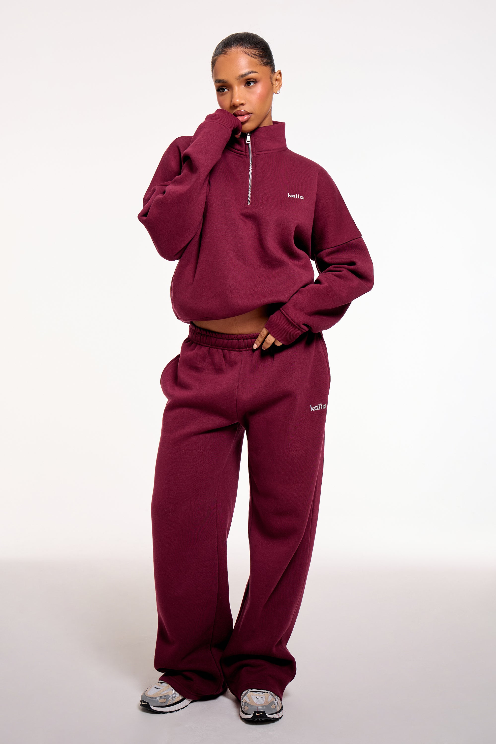 Kaiia Chrome Logo Mid Rise Wide Leg Joggers Burgundy Kaiia Chrome Logo Mid Rise Wide Leg Joggers Burgundy