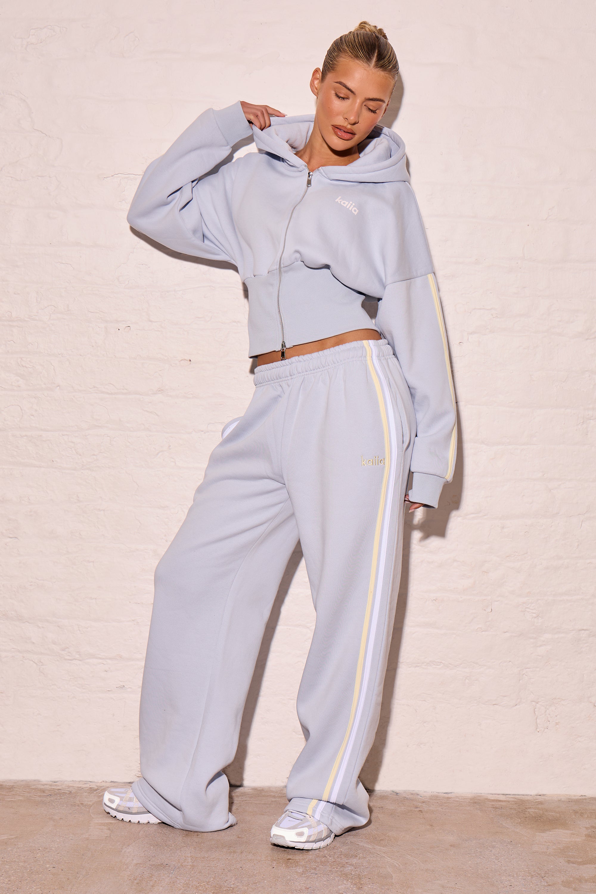 Kaiia Side Stripe Wide Leg Joggers Dusty Blue & Lemon Kaiia Side Stripe Wide Leg Joggers Dusty Blue & Lemon