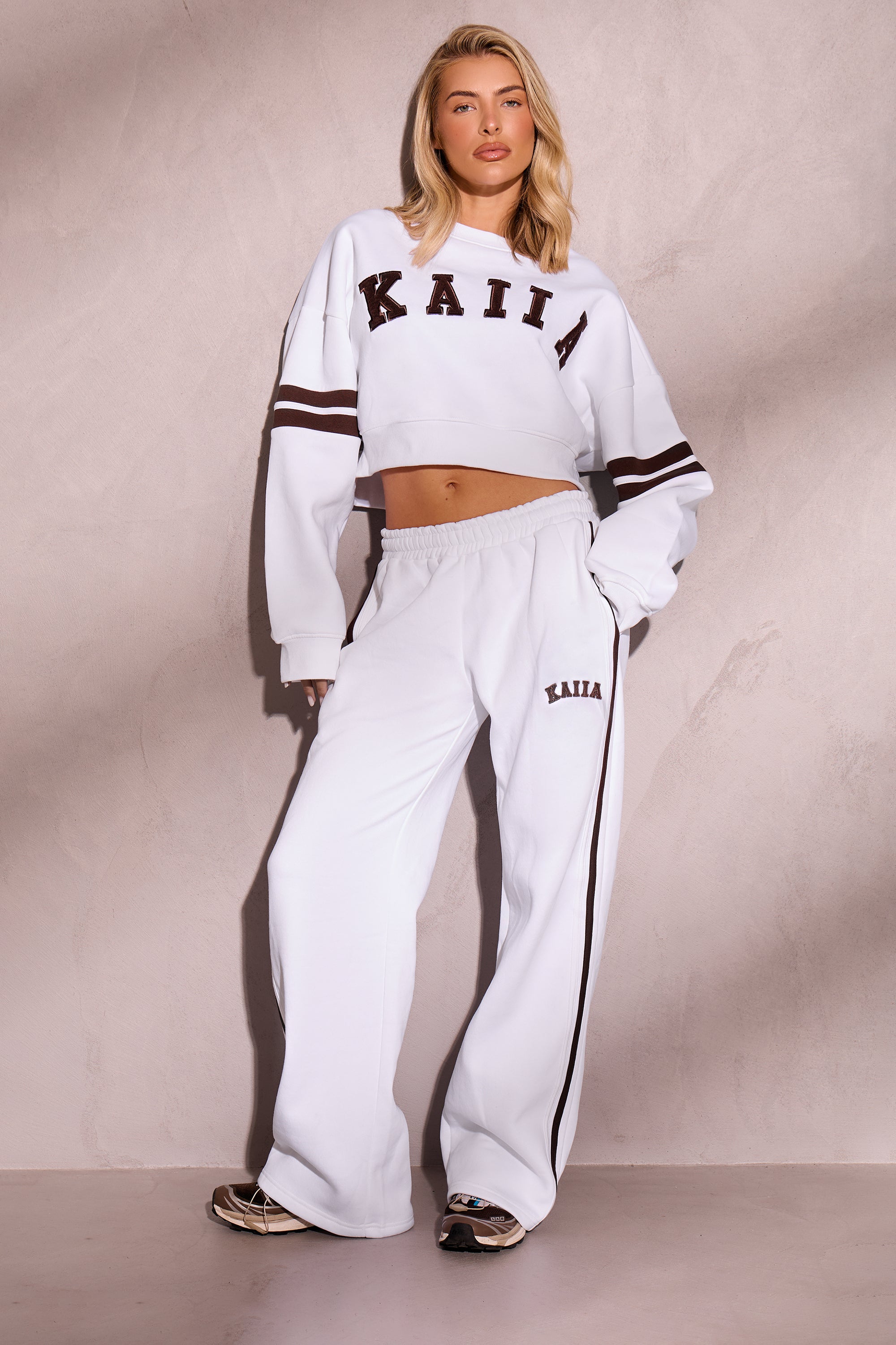 Kaiia Side Stripe Wide Leg Joggers Off White & Brown Kaiia Side Stripe Wide Leg Joggers Off White & Brown