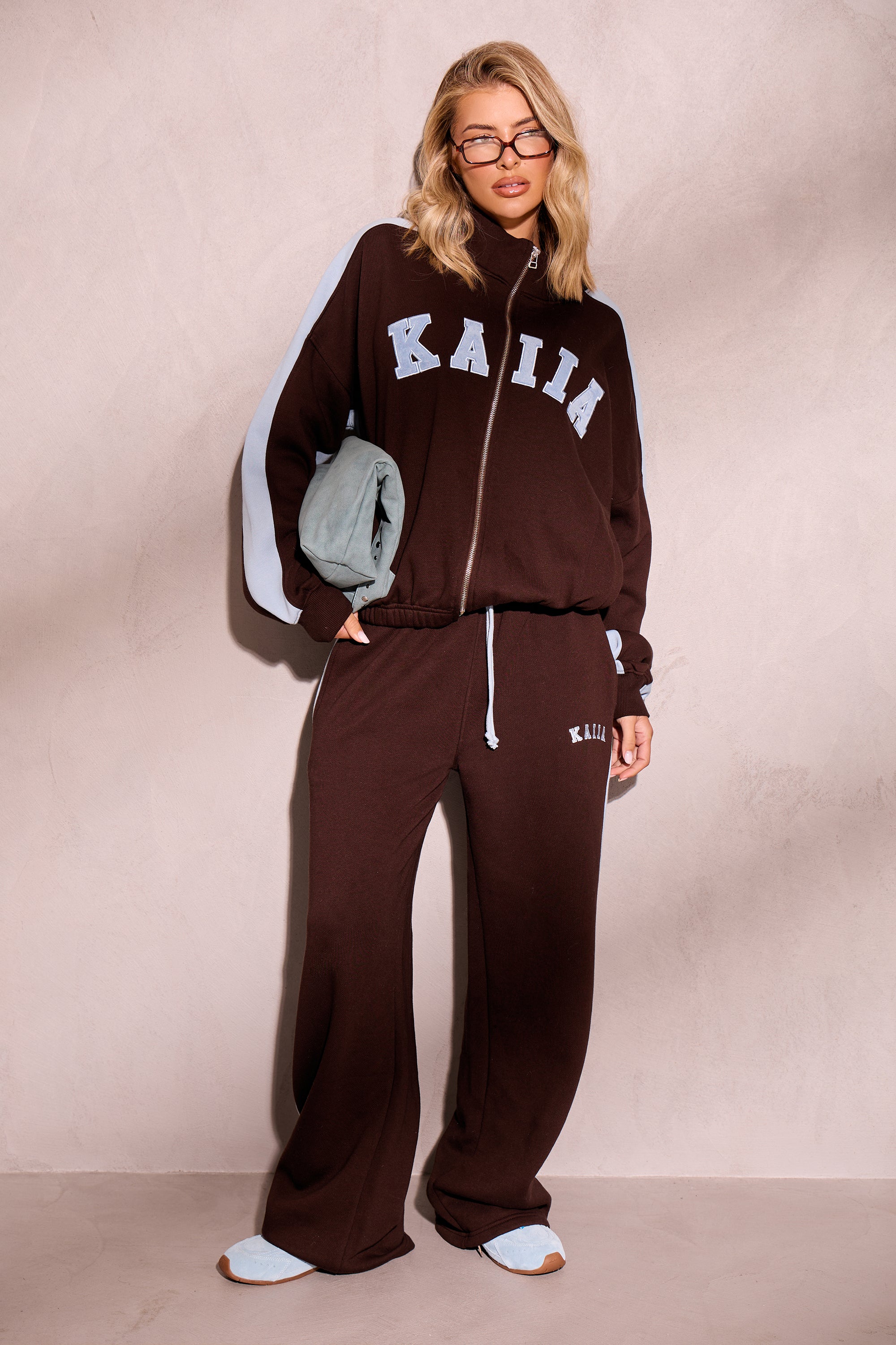 Kaiia Sport Stripe Wide Leg Joggers Chestnut Brown & Dusty Blue Kaiia Sport Stripe Wide Leg Joggers Chestnut Brown & Dusty Blue