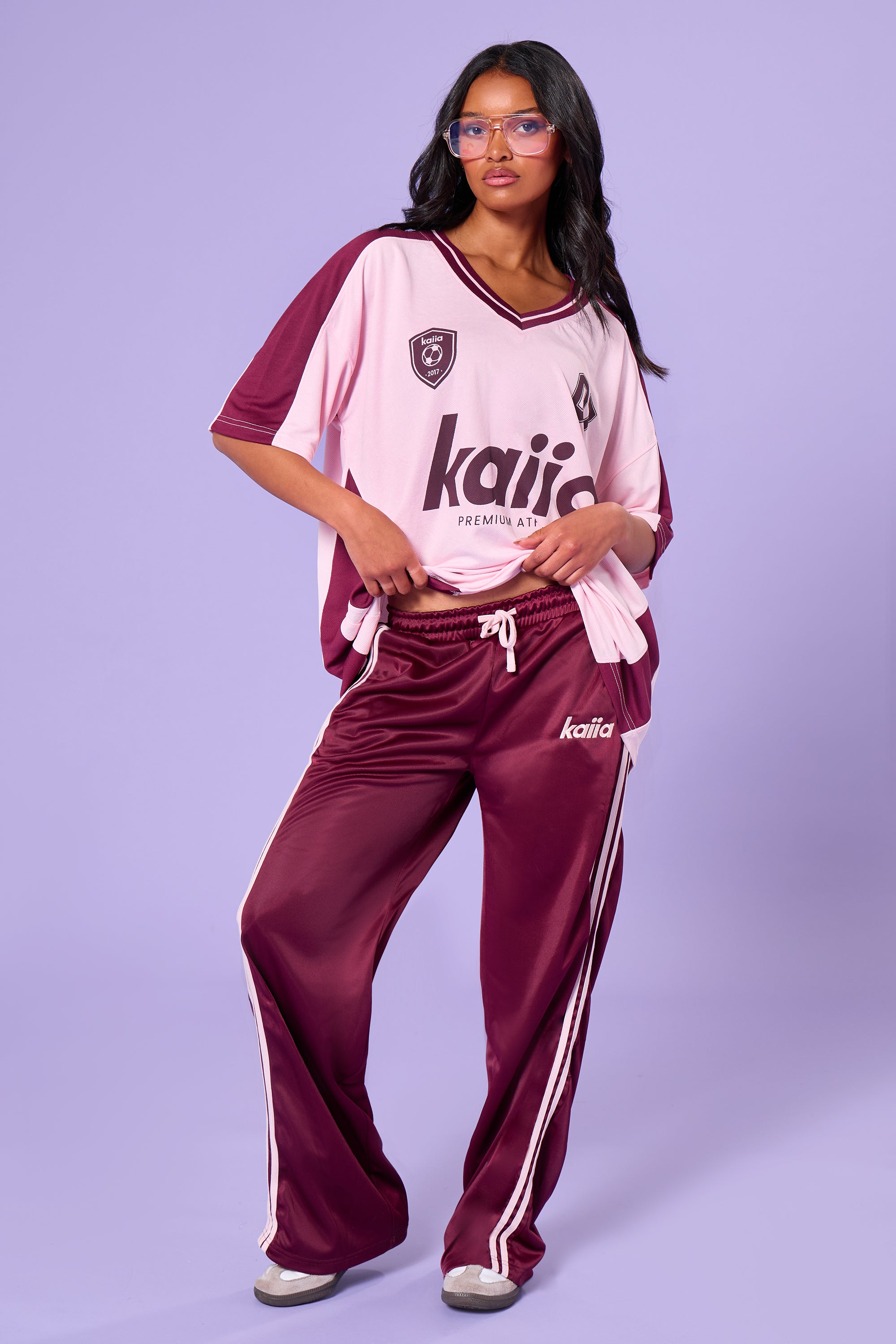 Kaiia Side Stripe Tricot Joggers Burgundy & Pink Kaiia Side Stripe Tricot Joggers Burgundy & Pink