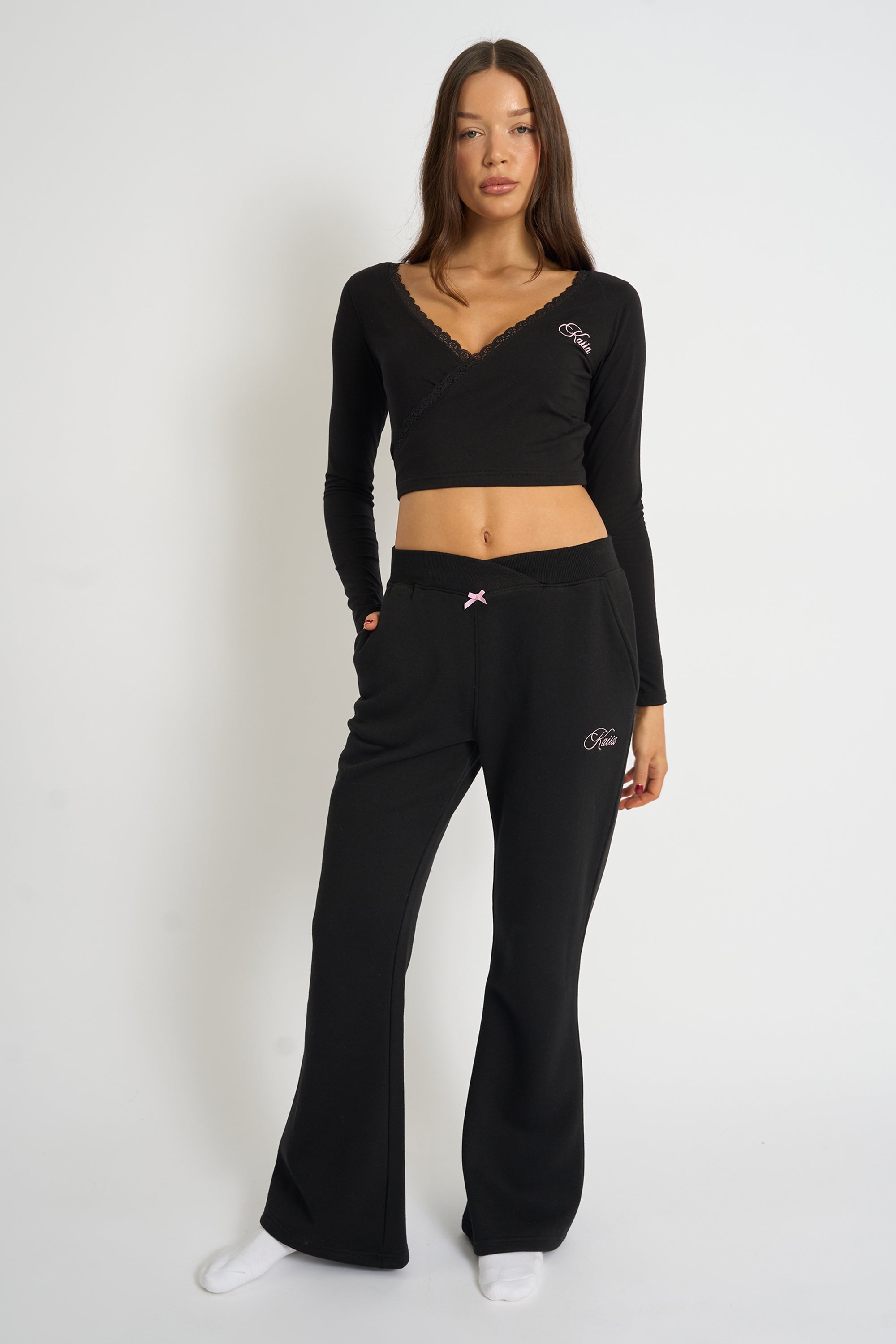 Kaiia Bow Detail Wide Leg Joggers Black & Pink Kaiia Bow Detail Wide Leg Joggers Black & Pink