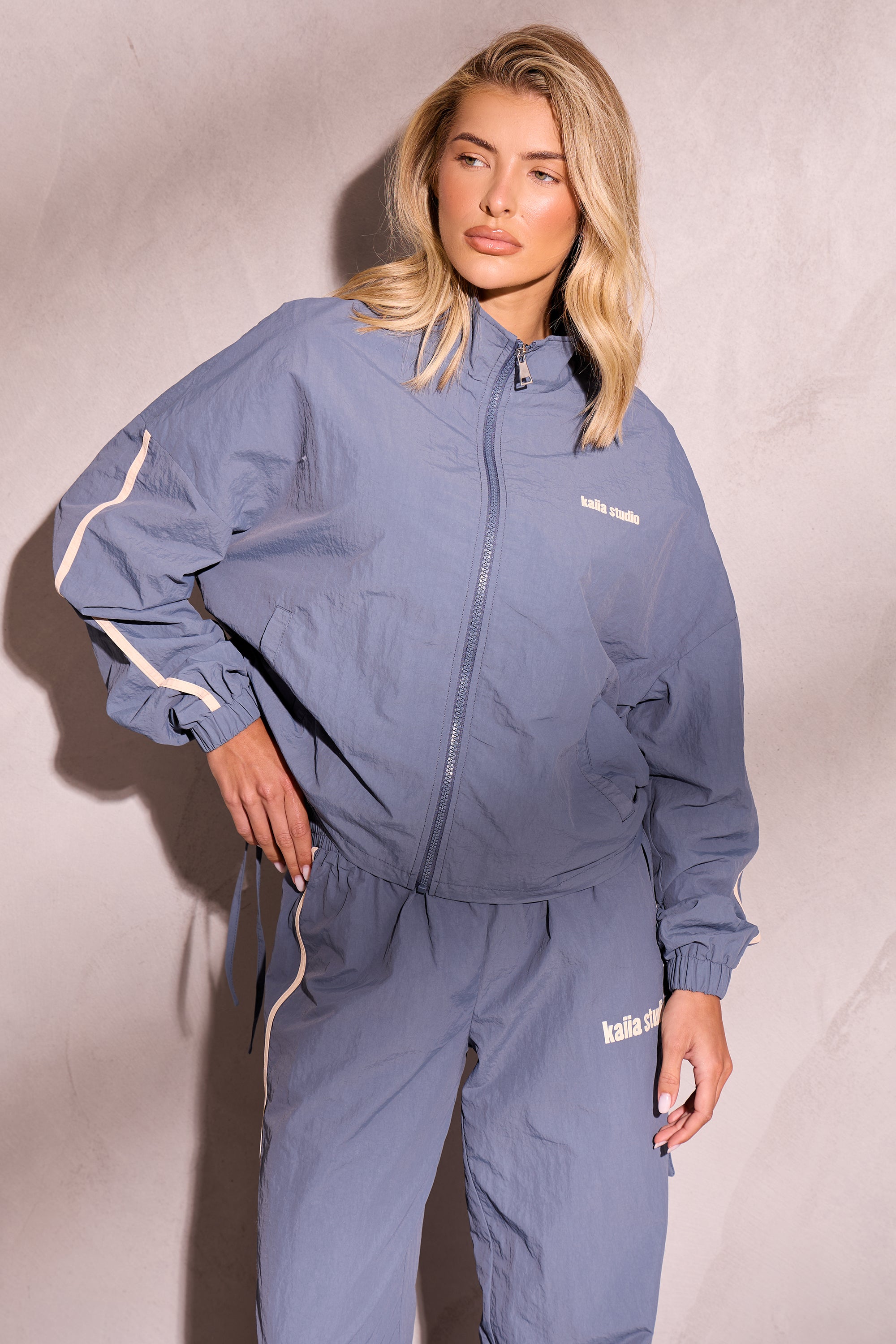 Kaiia Woven Windbreaker Zip Up Jacket Petrol Blue & Cream Kaiia Woven Windbreaker Zip Up Jacket Petrol Blue & Cream
