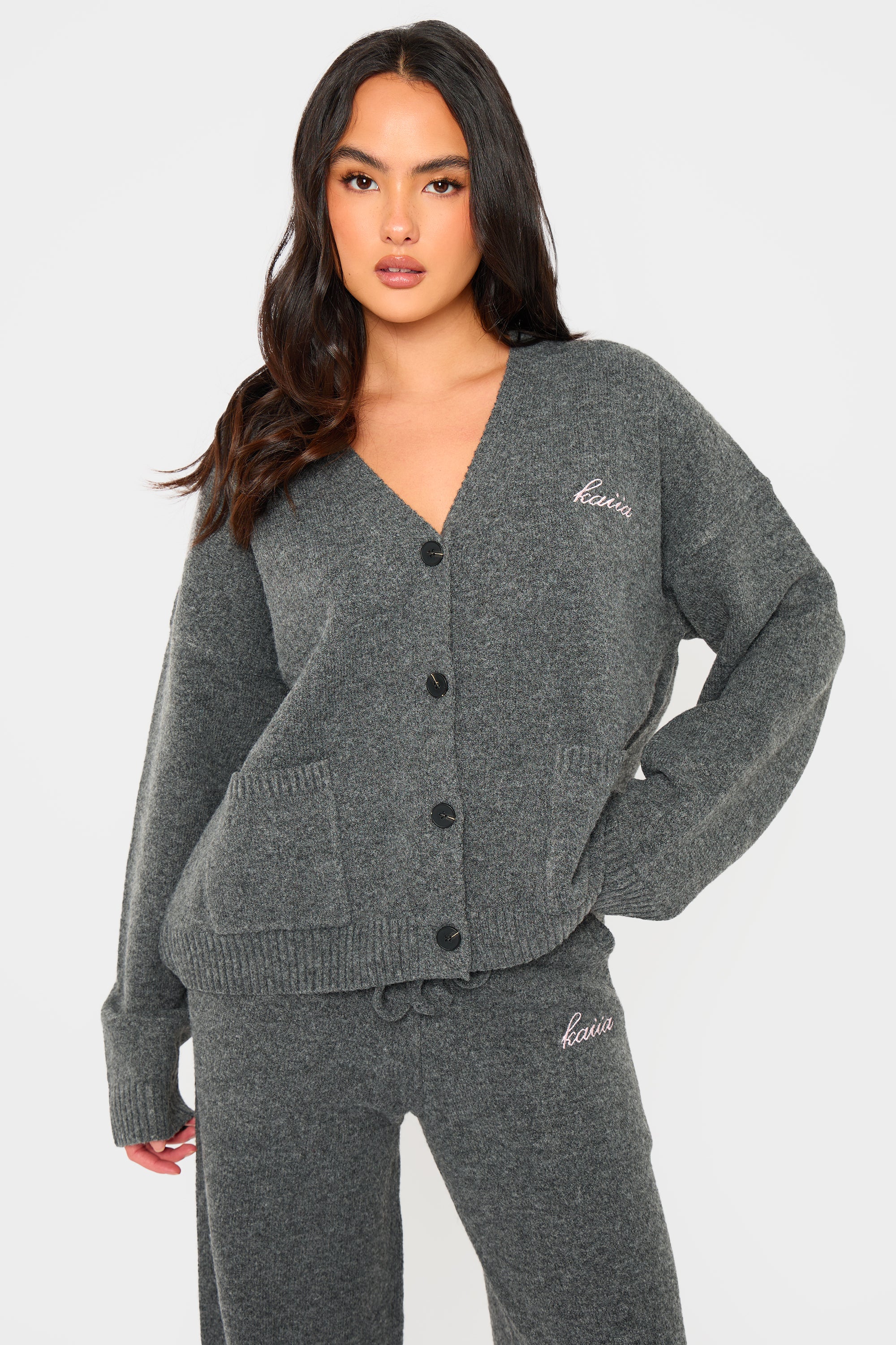 Kaiia Knit Button Down Pocket Cardigan Charcoal Kaiia Knit Button Down Pocket Cardigan Charcoal
