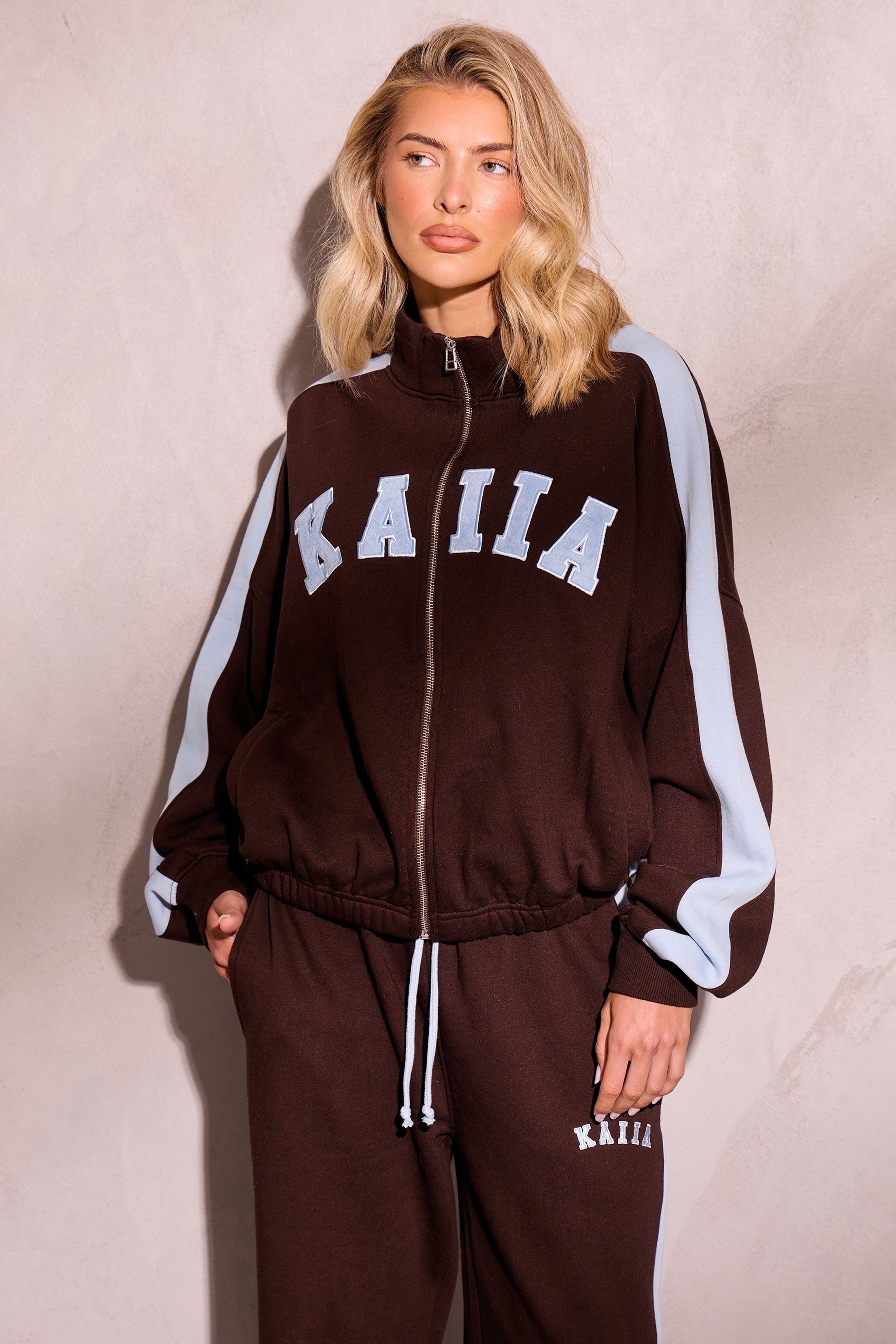 Kaiia Sport Stripe Funnel Neck Zip Through Sweatshirt Chestnut Brown & Dusty Blue Kaiia Sport Stripe Funnel Neck Zip Through Sweatshirt Chestnut Brown & Dusty Blue