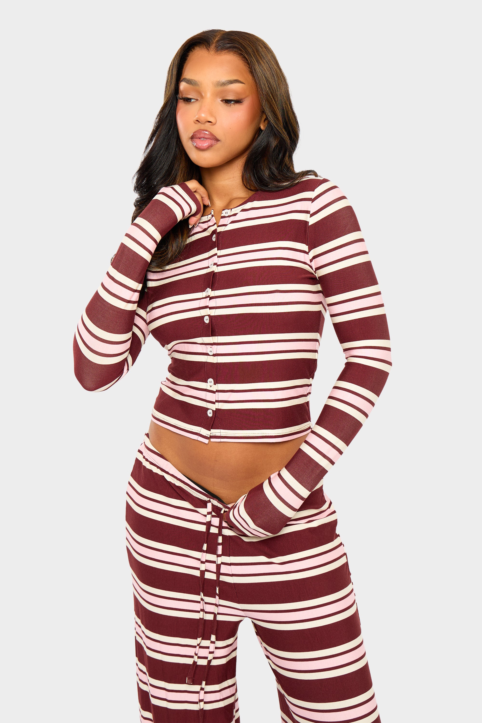 Kaiia Striped Button Up Long Sleeve Crop Top Burgundy & Pink Kaiia Striped Button Up Long Sleeve Crop Top Burgundy & Pink
