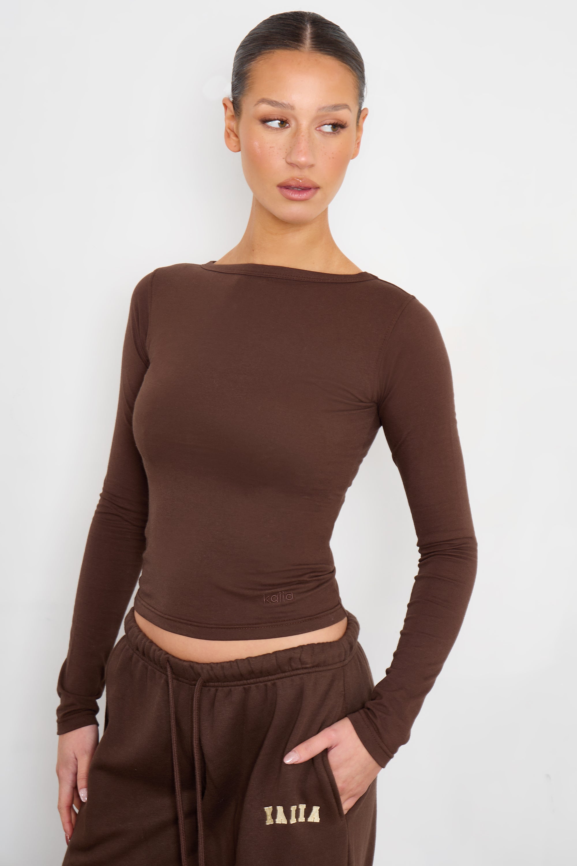 Kaiia Cotton Slash Neck Long Sleeve Top Bitter Chocolate Kaiia Cotton Slash Neck Long Sleeve Top Bitter Chocolate