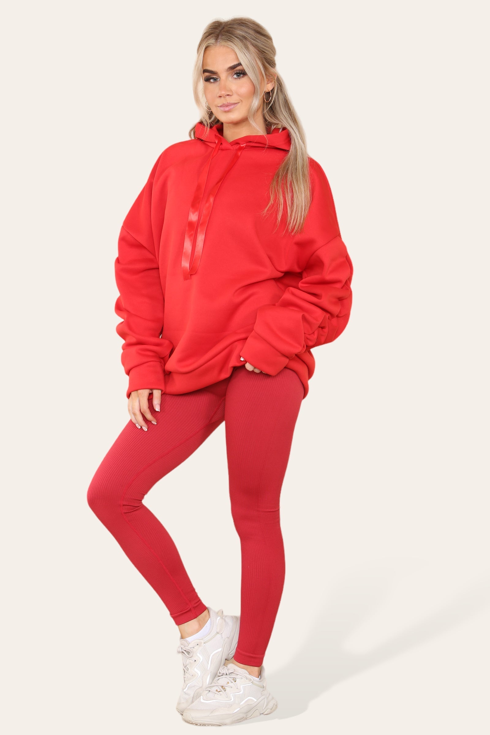 Oversized Ruched Sleeves Hoodie With Satin Ribbon Oversized Ruched Sleeves Hoodie With Satin Ribbon