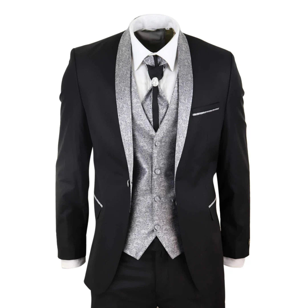 Sal-Yaica – Men’s Piece Wedding Suit Groom Shawl Collar Black Silver Cravat – ” Jacket ” Trousers Sal-Yaica – Men’s Piece Wedding Suit Groom Shawl Collar Black Silver Cravat – ” Jacket ” Trousers