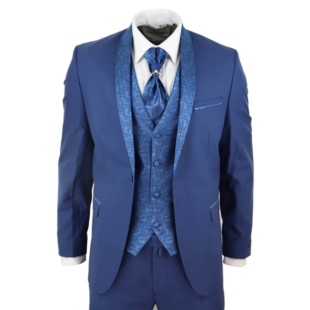 Sal-Yaica – Men’s Piece Wedding Suit Groom Shawl Collar Blue Cravat – ” Jacket ” Trousers Sal-Yaica – Men’s Piece Wedding Suit Groom Shawl Collar Blue Cravat – ” Jacket ” Trousers