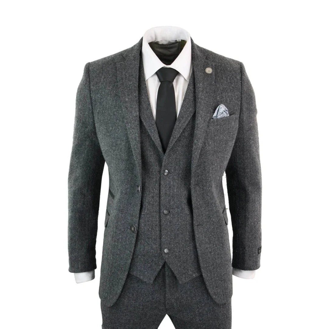 STZ – Men’s Grey Black Piece Tweed Suit Herringbone Wool – ” Jacket ” Trousers