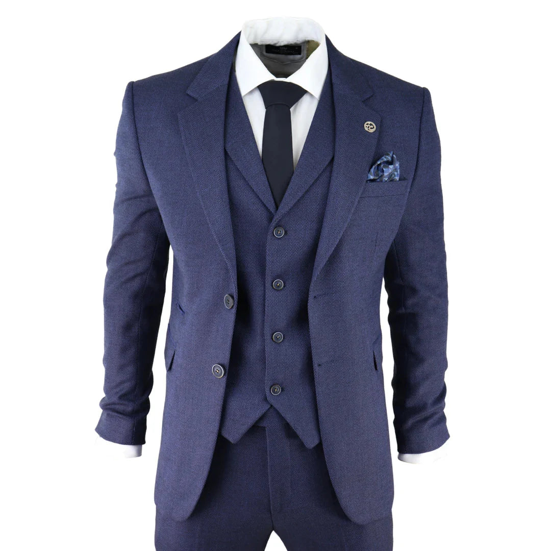 AK- – Men’s Herringbone Tweed Piece Blue Suit Wedding Blinders – ” Jacket ” Trousers