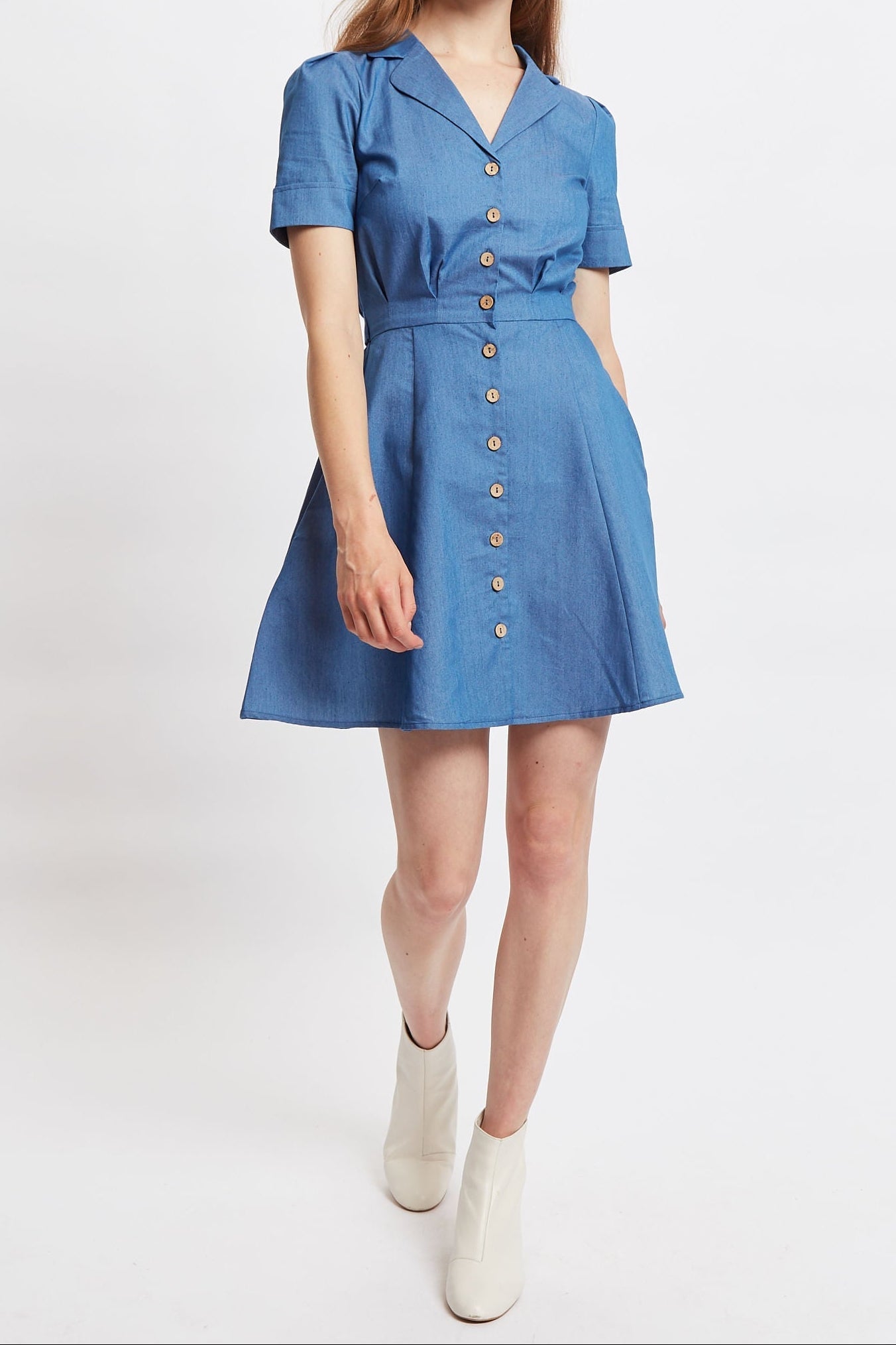 Louche Perry Chambray Short Sleeve Shirt Dress – Blue Louche Perry Chambray Short Sleeve Shirt Dress – Blue