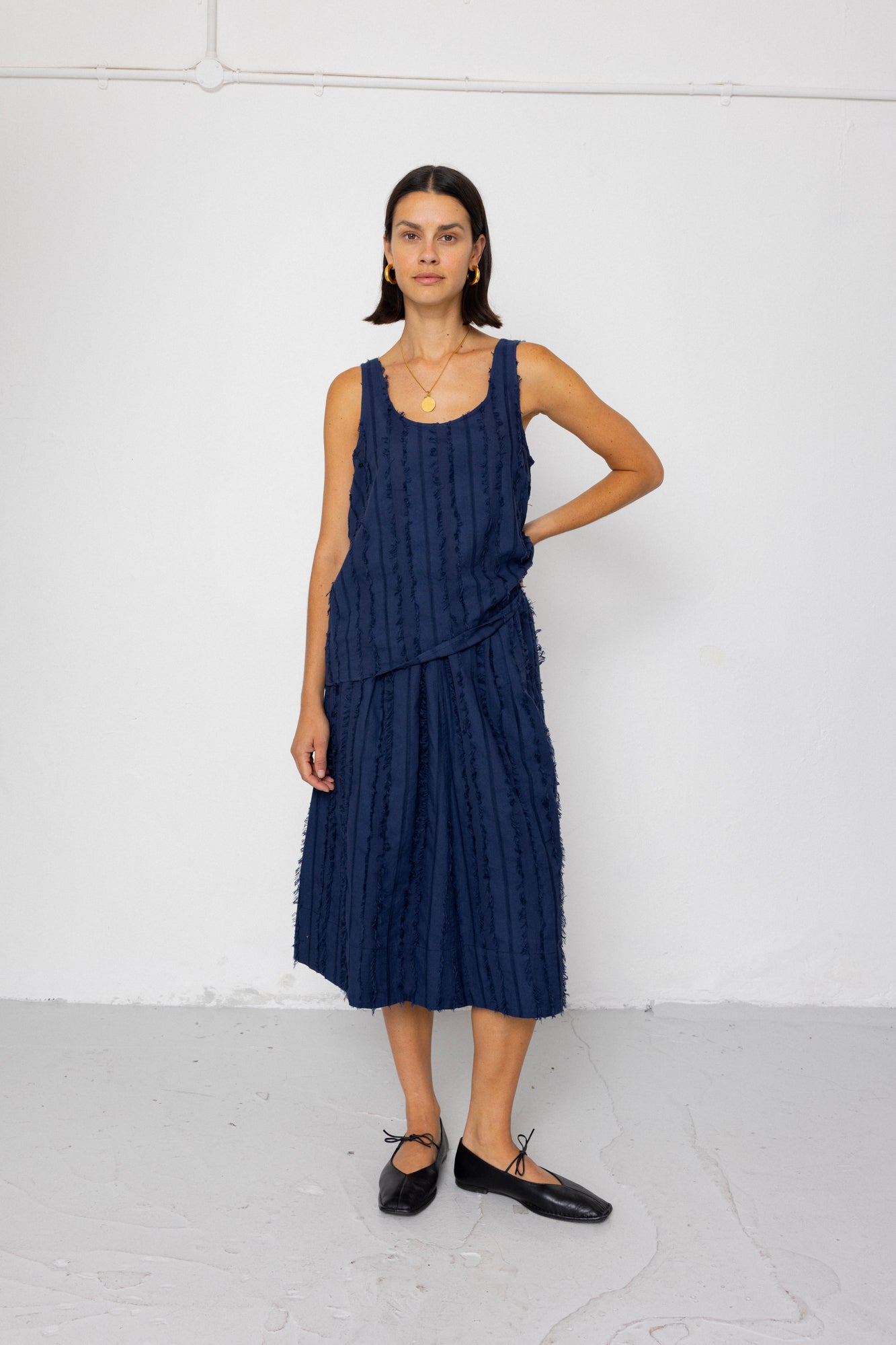Pleated Scoop Back Vest – Dark Navy Cutwork Stripe Pleated Scoop Back Vest – Dark Navy Cutwork Stripe