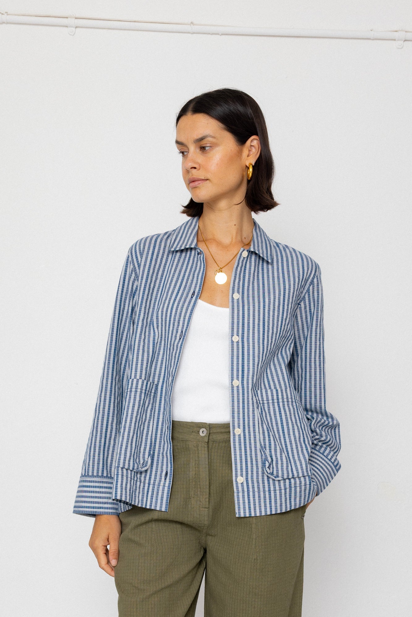 Pleated Shirt – Indigo Crinkle Mini Check Pleated Shirt – Indigo Crinkle Mini Check