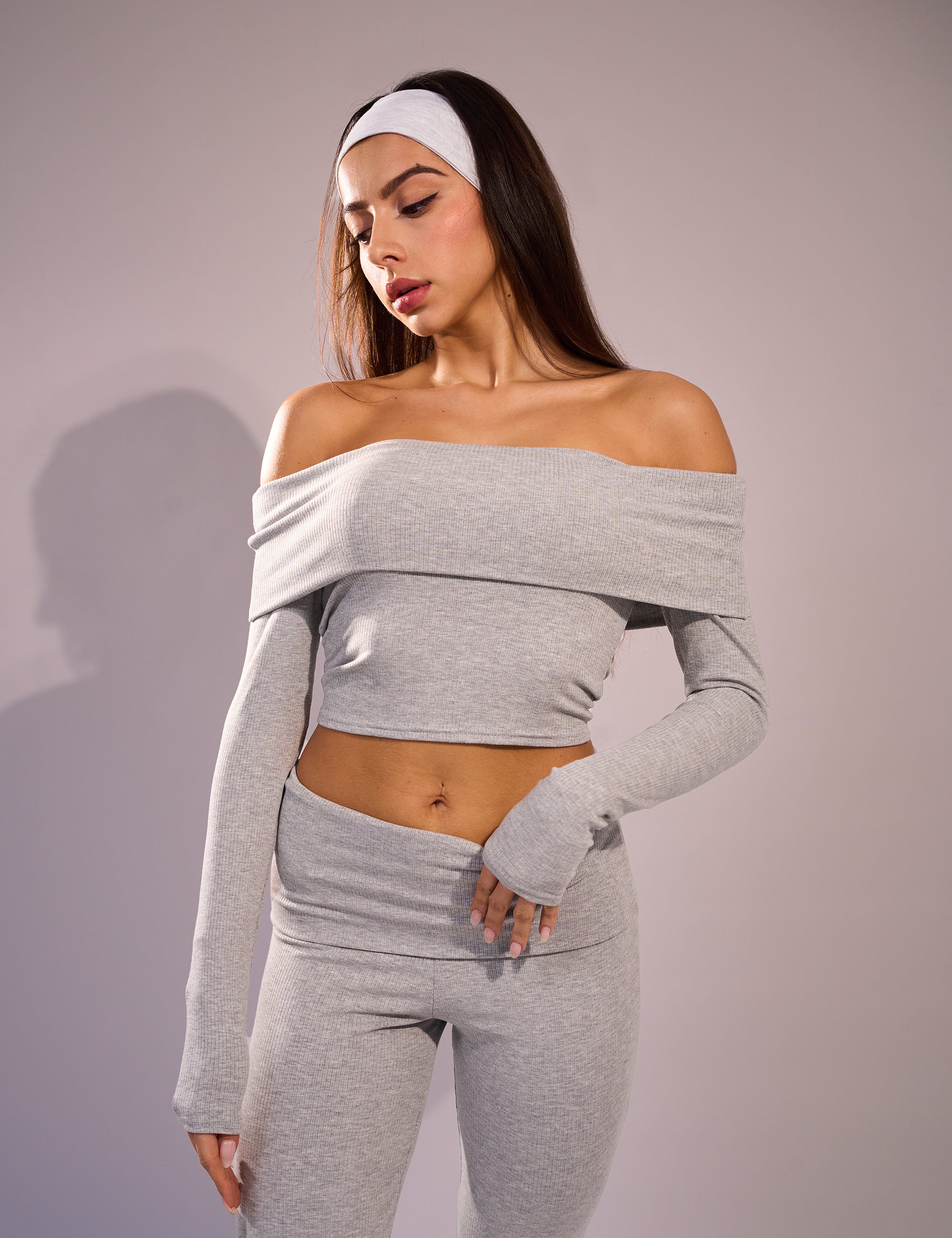 Rib Foldover Long Sleeve Top Grey Rib Foldover Long Sleeve Top Grey