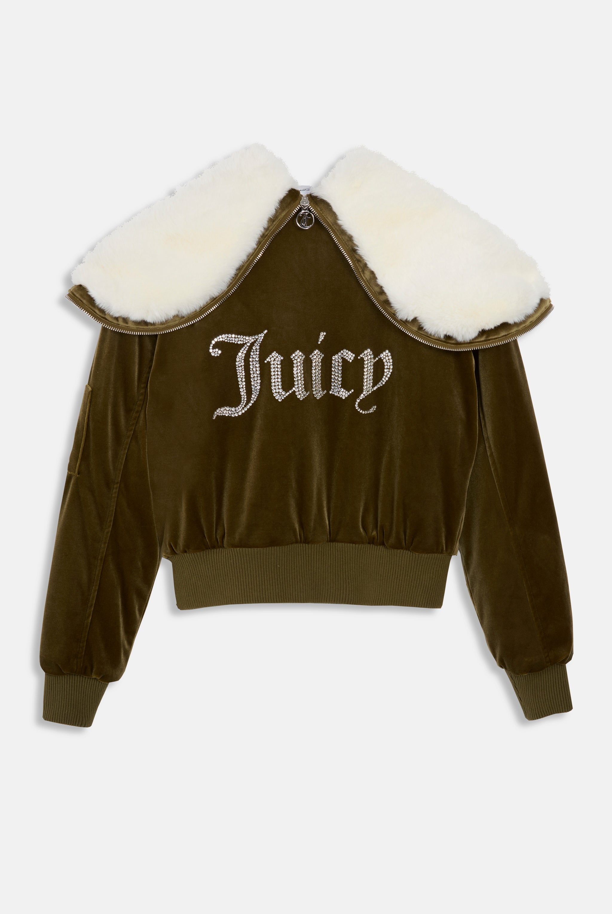DARK OLIVE VELOUR DIAMANTÉ BOMBER JACKET – S Green