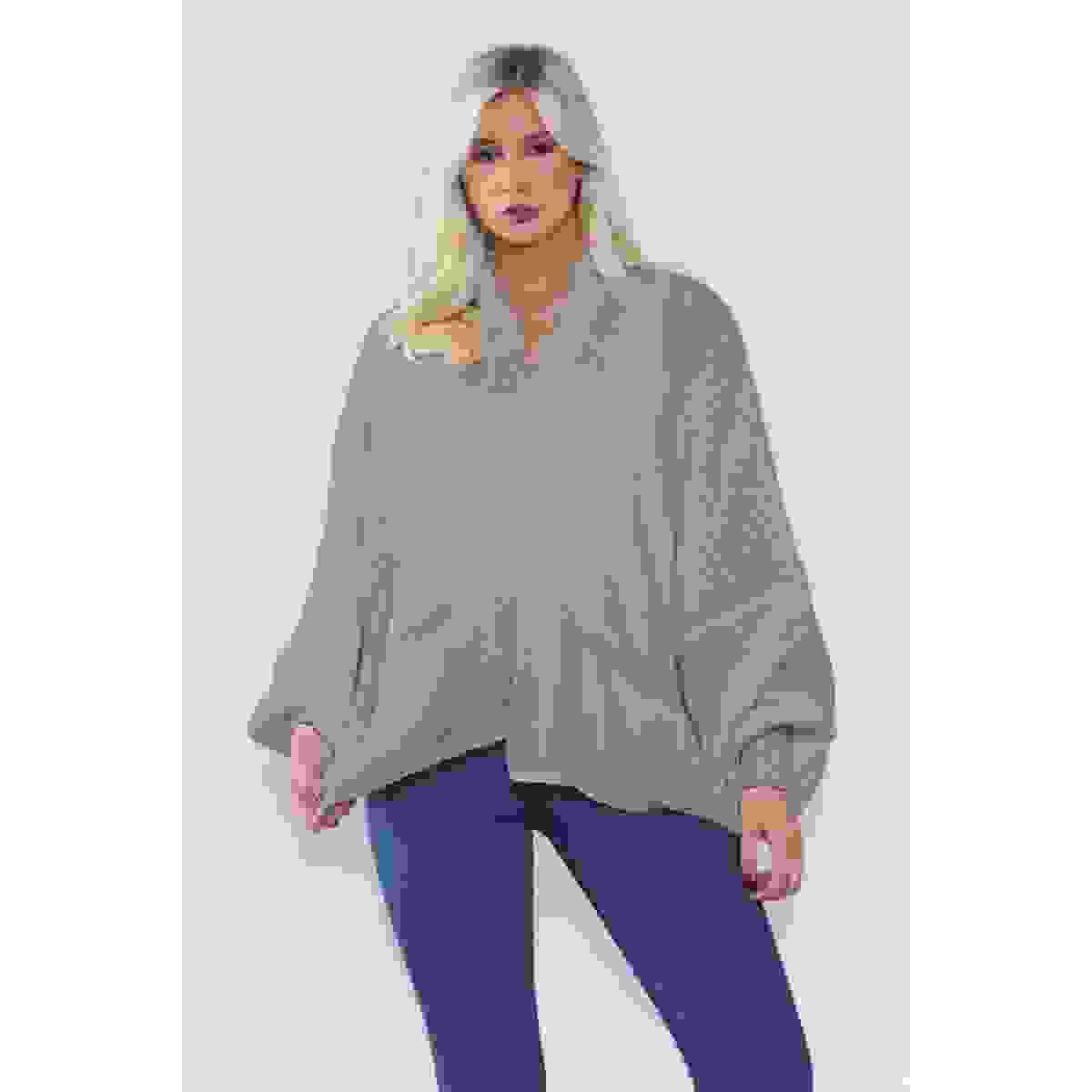 Stylish Oversized Cropped Knitted Cardigan with Balloon Pockets – Grey One Size Fits Stylish Oversized Cropped Knitted Cardigan with Balloon Pockets – Grey One Size Fits