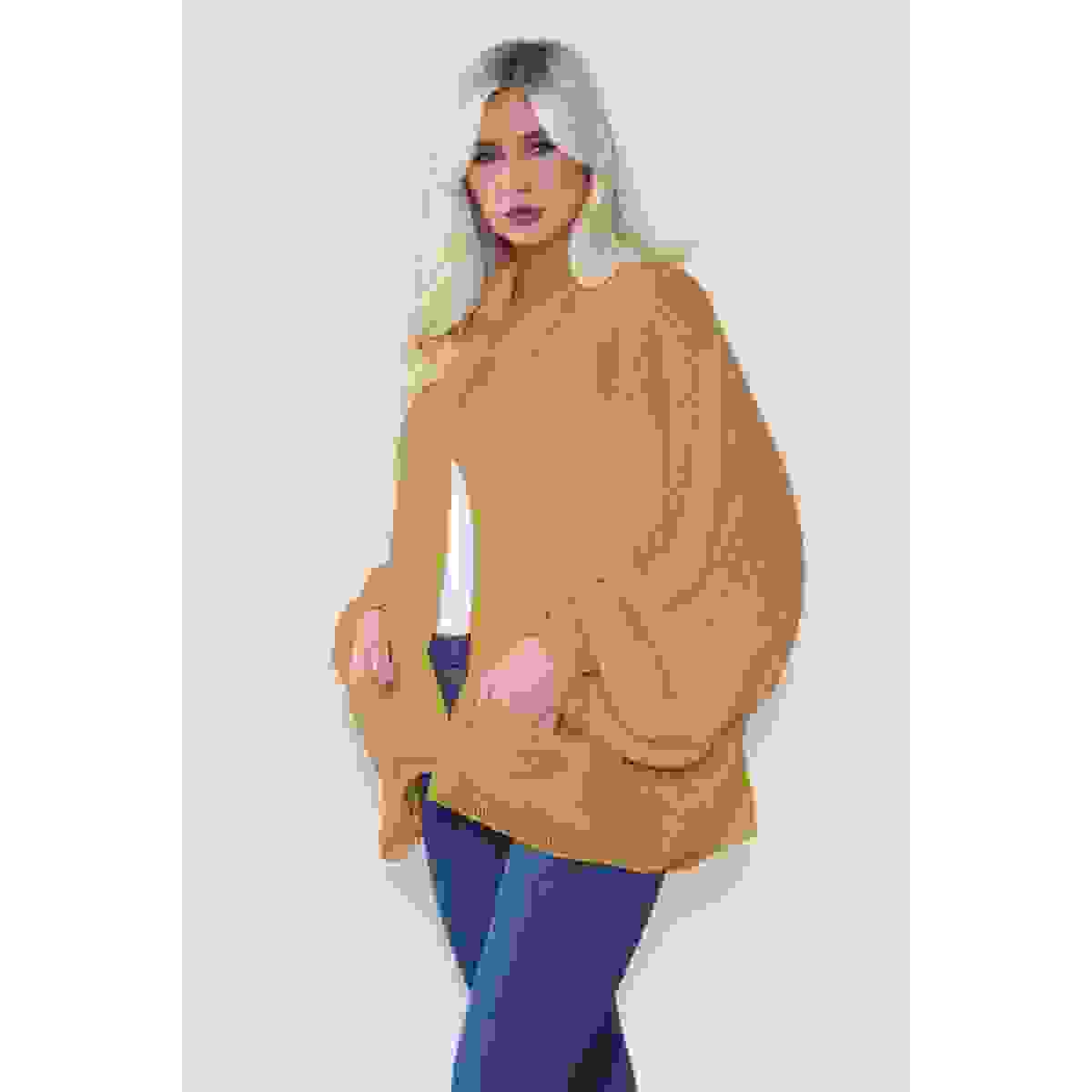 Stylish Oversized Cropped Knitted Cardigan with Balloon Pockets – Camel One Size Fits Stylish Oversized Cropped Knitted Cardigan with Balloon Pockets – Camel One Size Fits