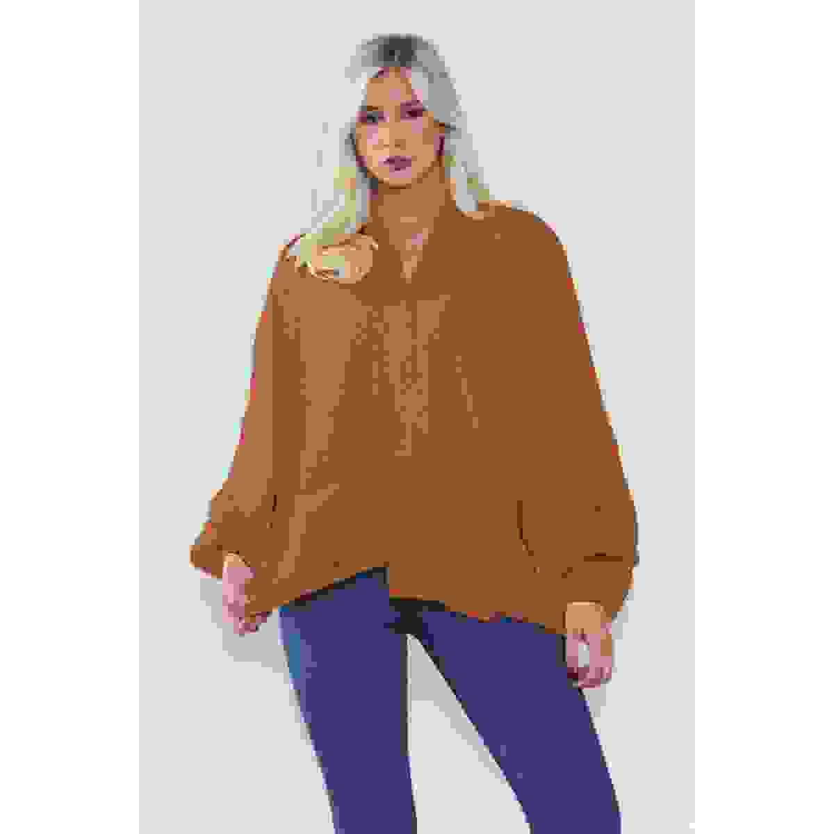 Stylish Oversized Cropped Knitted Cardigan with Balloon Pockets – Rust One Size Fits Stylish Oversized Cropped Knitted Cardigan with Balloon Pockets – Rust One Size Fits