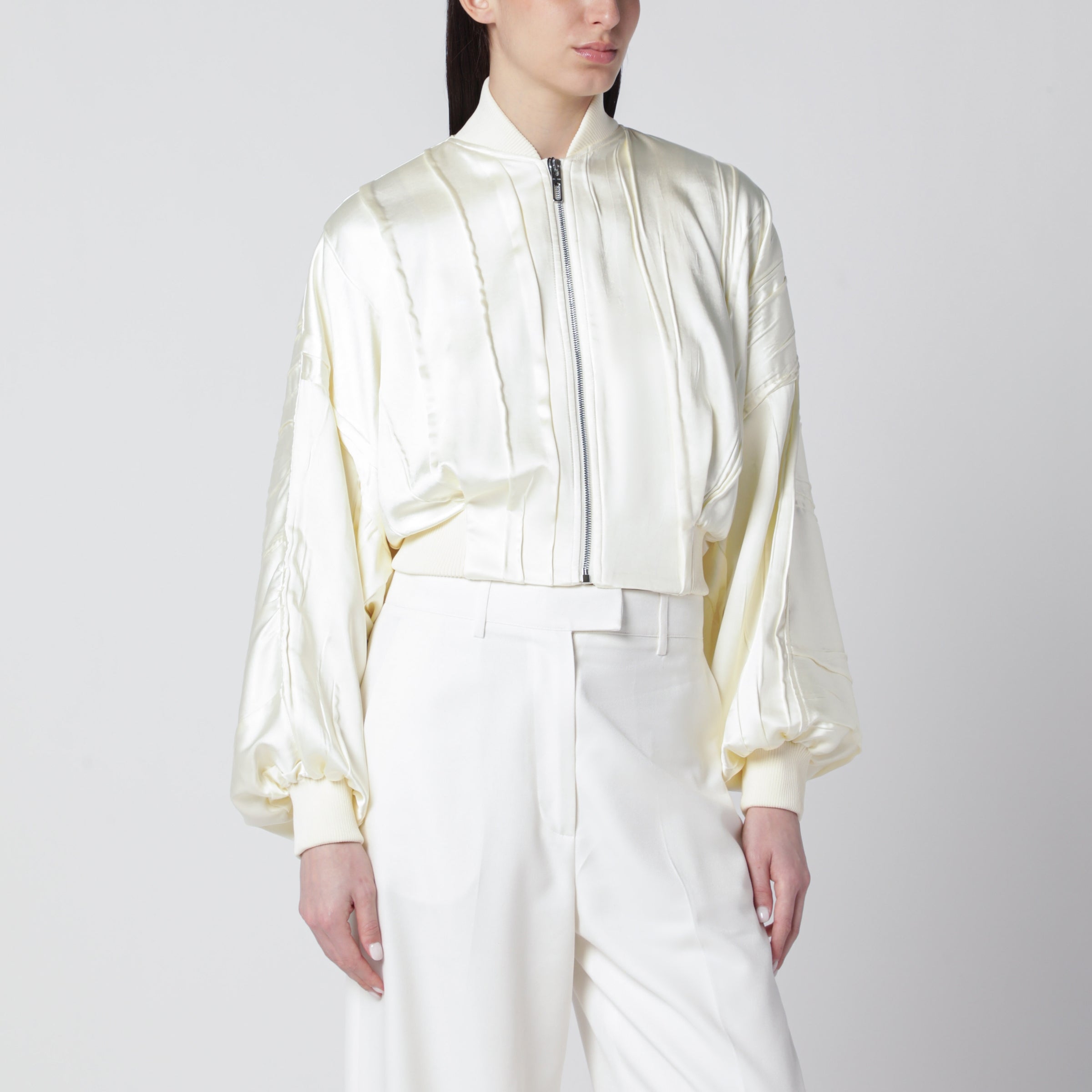 Ivory pleated satin bomber jacket Ivory pleated satin bomber jacket