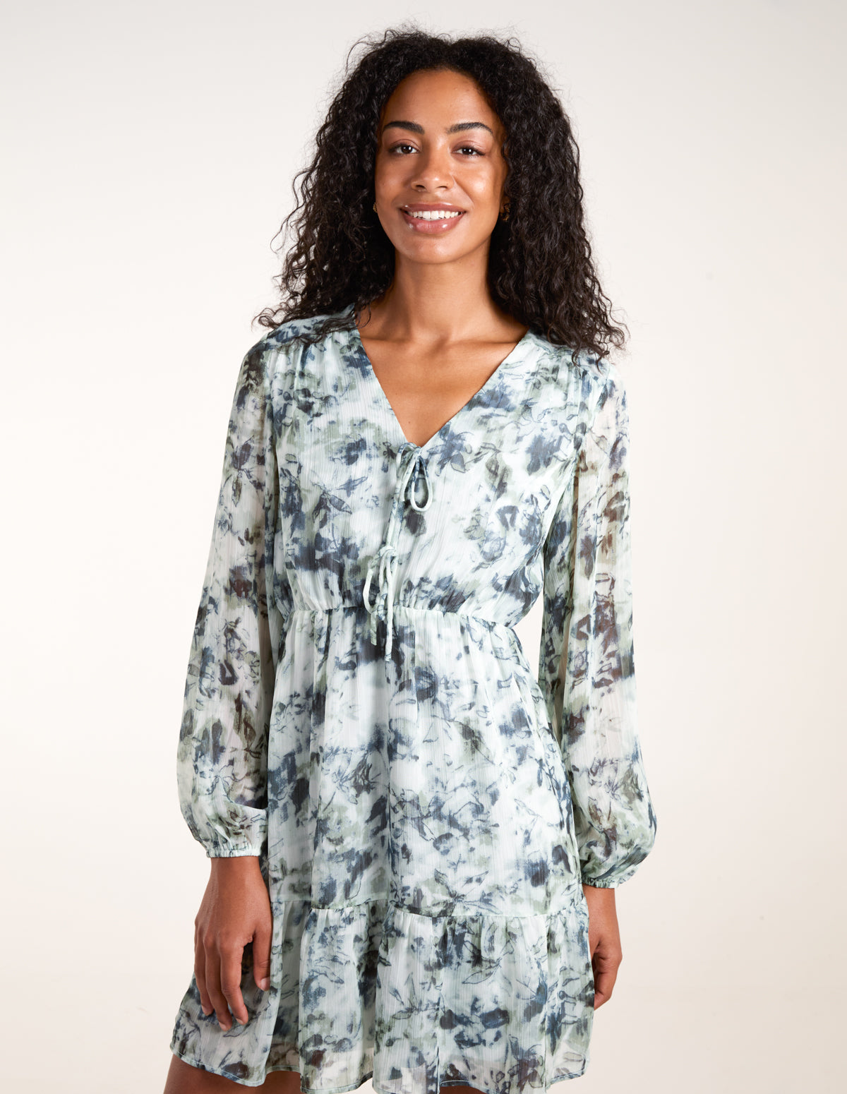 Tie Front Watercolour Mini Dress – L BLUE PATTERN