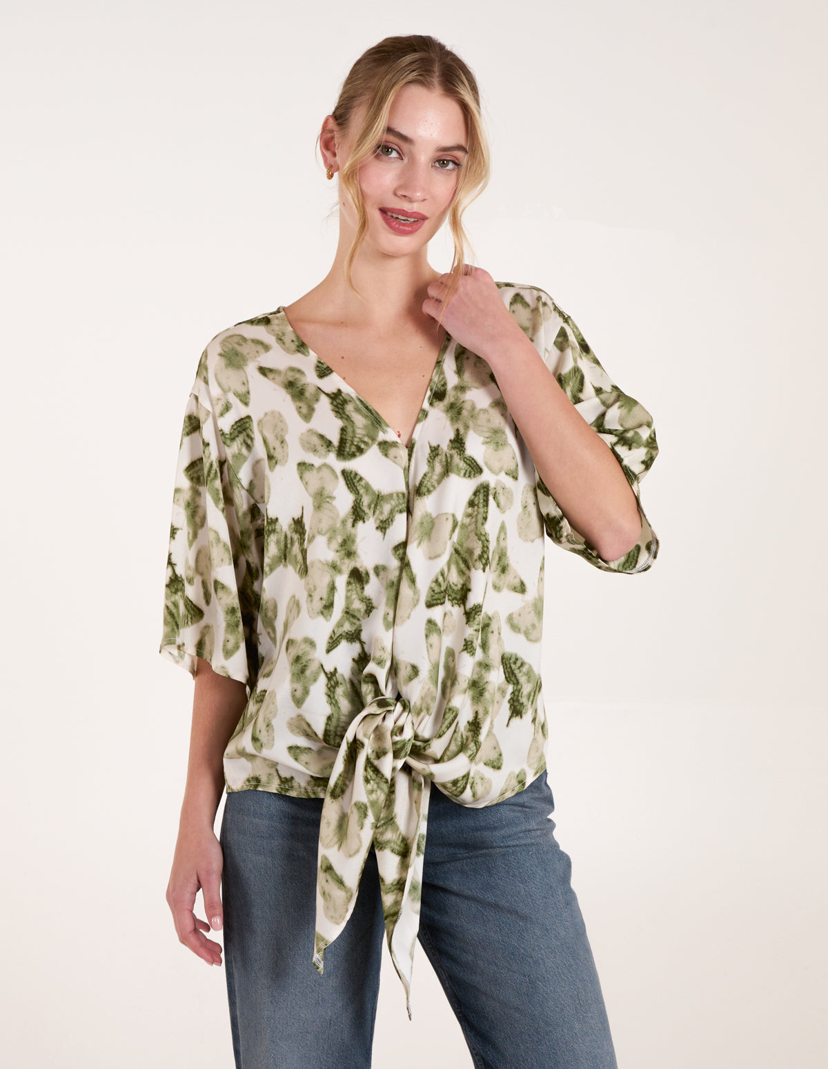Tie Front Watercolour Butterfly Printed Top – SM GREEN