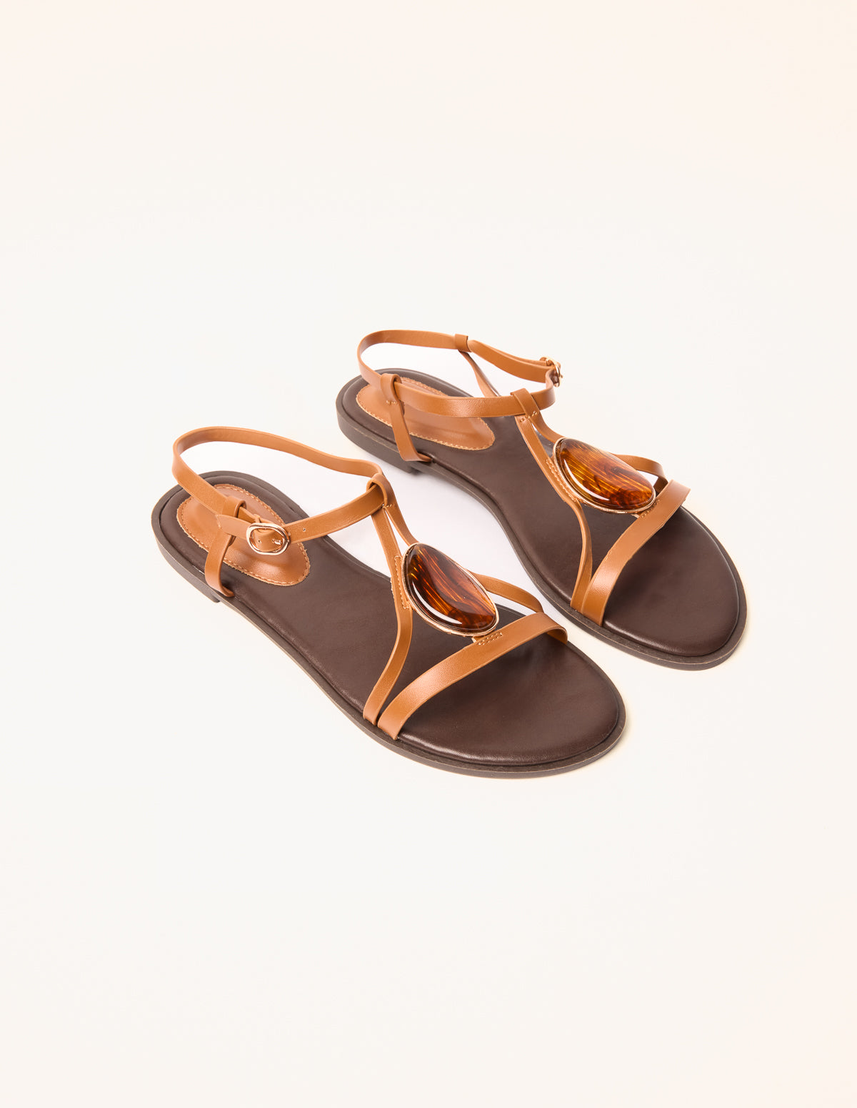 Oval Stone Strappy Sandals – CAMEL