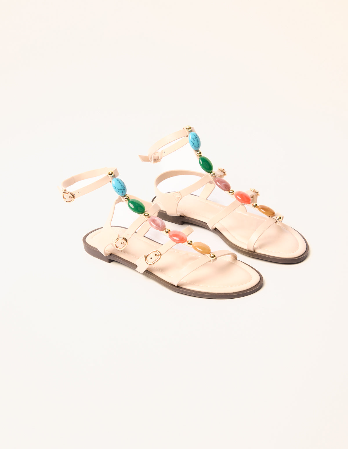 Beaded Gladiator Flat Sandals – BEIGE Beaded Gladiator Flat Sandals – BEIGE