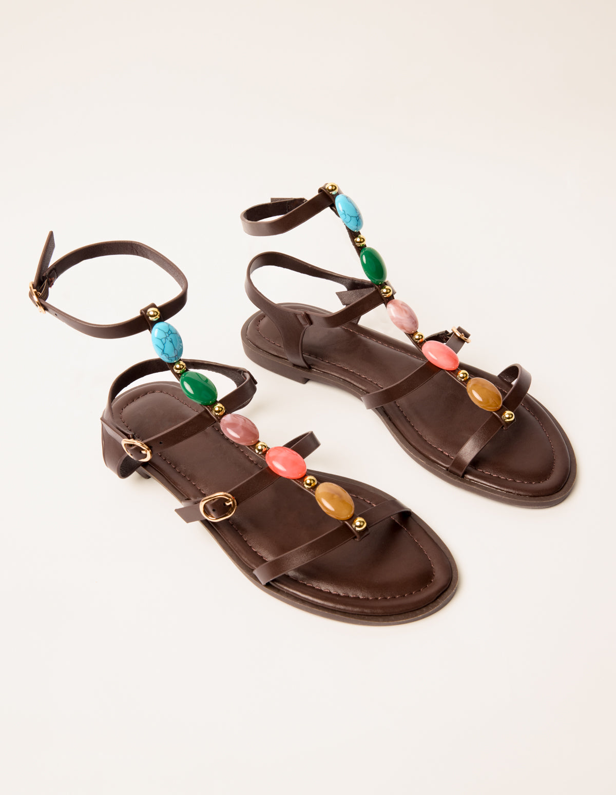 Beaded Gladiator Flat Sandals – BROWN Beaded Gladiator Flat Sandals – BROWN