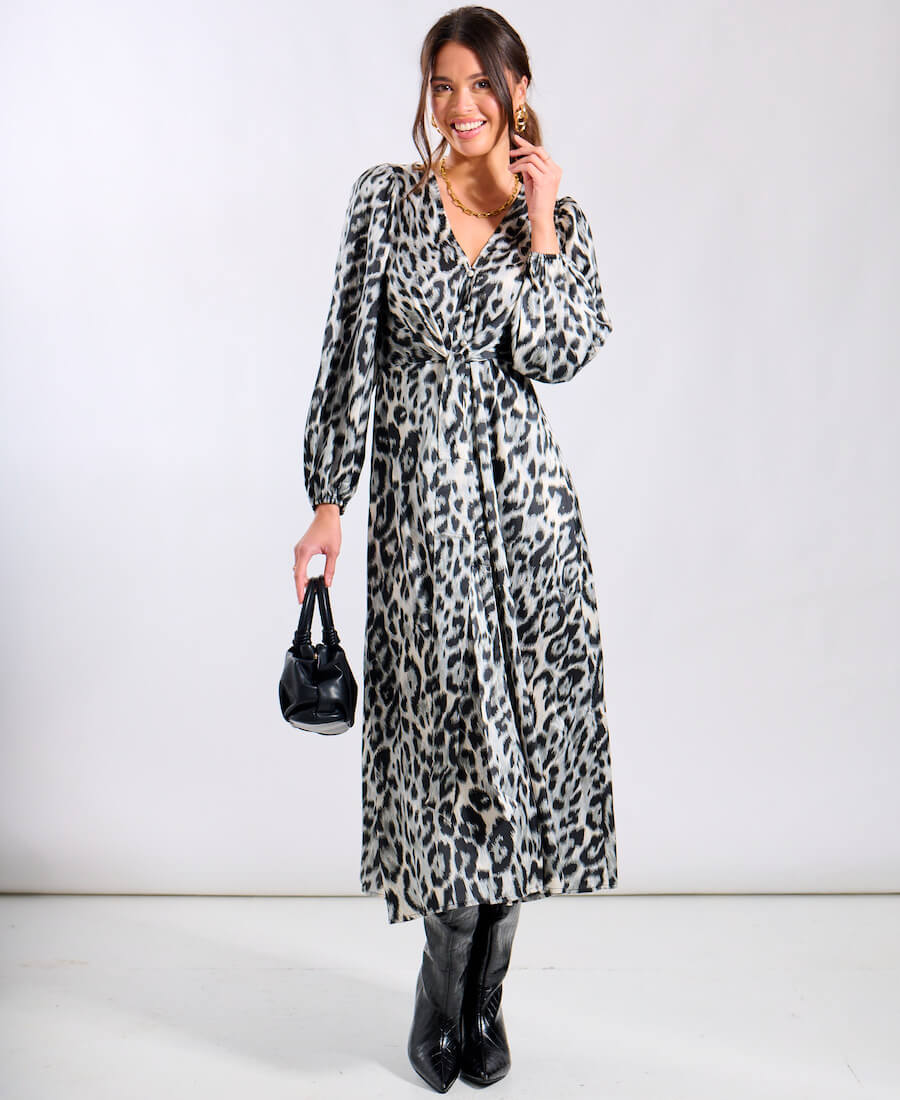 Silver Animal Tie Front Midi Dress Silver Animal Tie Front Midi Dress