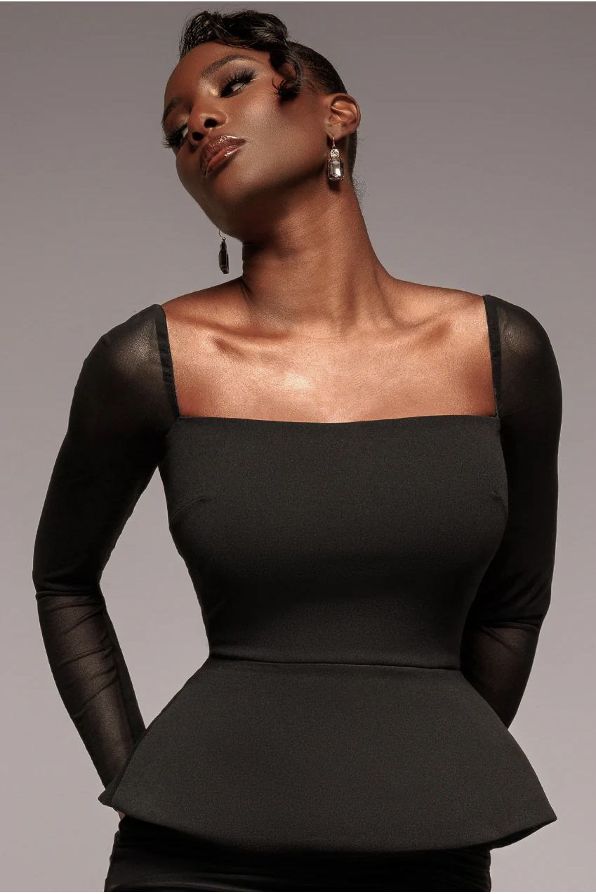 Goddiva Plain Mesh Long Sleeve Scuba Crepe Peplum Top Goddiva Plain Mesh Long Sleeve Scuba Crepe Peplum Top