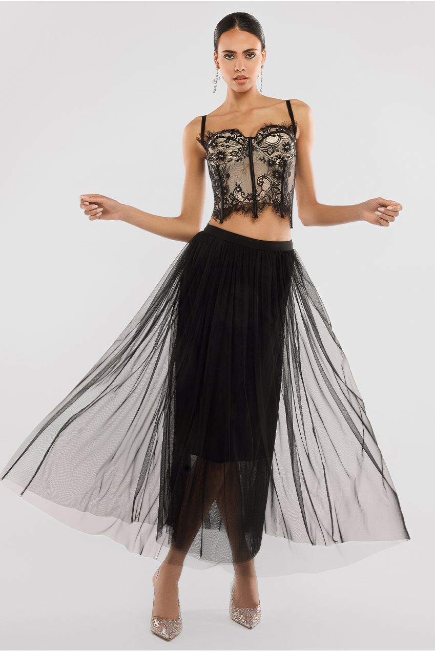 Goddiva Cropped Lace Corset Tulle Gathered Midaxi Skirt With Embroidered Stretch Mesh Gloves & Jersey Scarf Goddiva Cropped Lace Corset Tulle Gathered Midaxi Skirt With Embroidered Stretch Mesh Gloves & Jersey Scarf