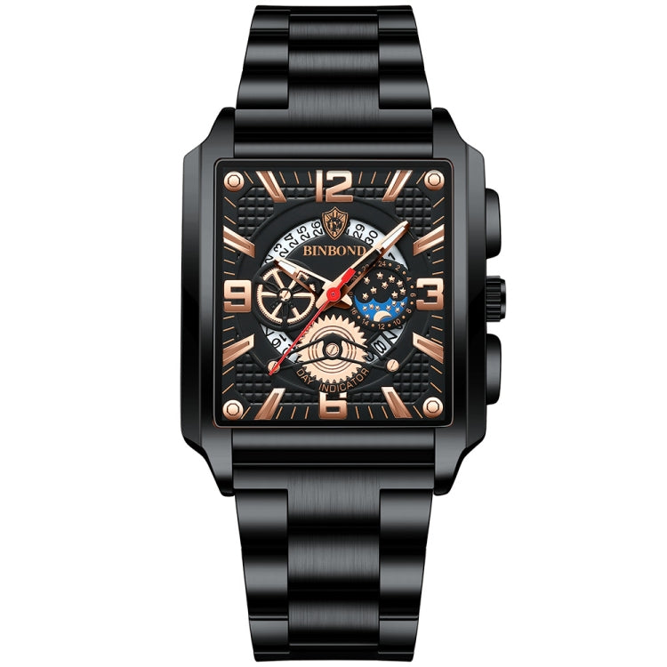 BINBONG B Men Vintage Square Multifunctional Waterproof Luminous Quartz Watch, Black-Rose Gold-Black-Rose, – Black-Black