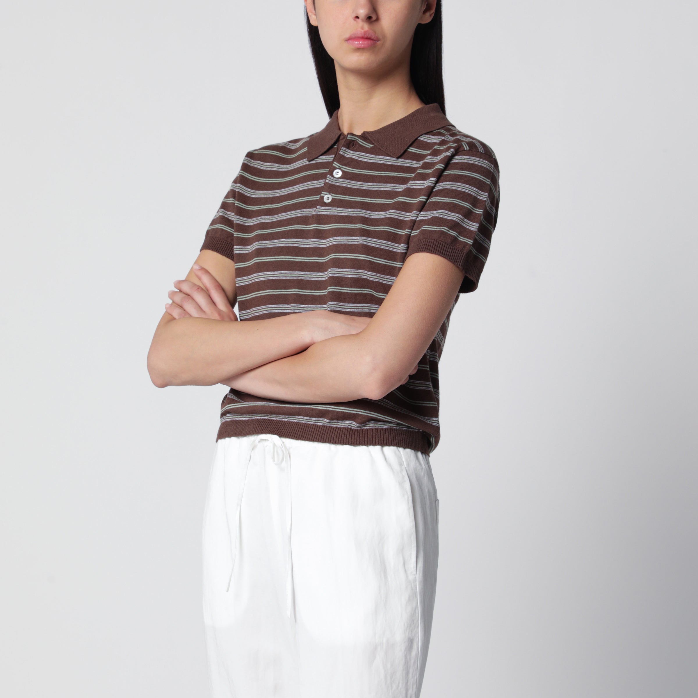 Brownmint green striped linen-blend polo shirt Brownmint green striped linen-blend polo shirt