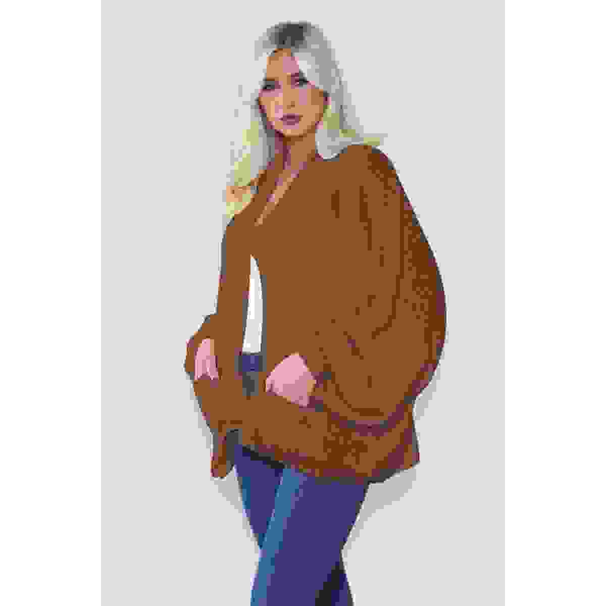 Stylish Oversized Cropped Knitted Cardigan with Balloon Pockets – Brown One Size Fits Stylish Oversized Cropped Knitted Cardigan with Balloon Pockets – Brown One Size Fits