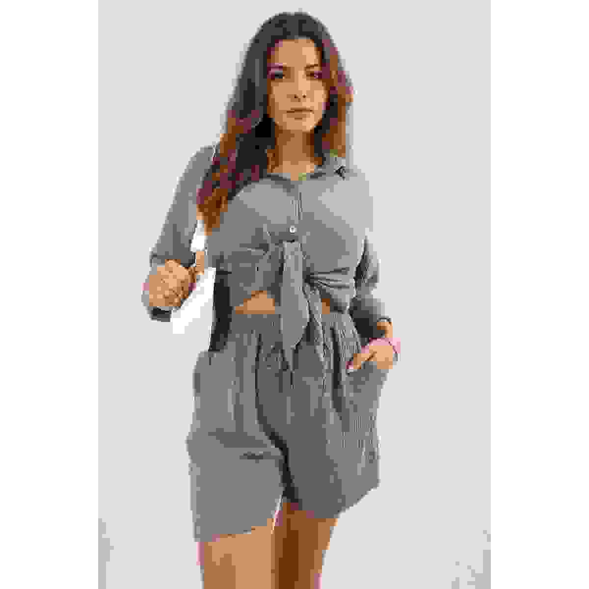 Oversized Button Front Shirt and Shorts Co-ord Set – Khaki ML Oversized Button Front Shirt and Shorts Co-ord Set – Khaki ML
