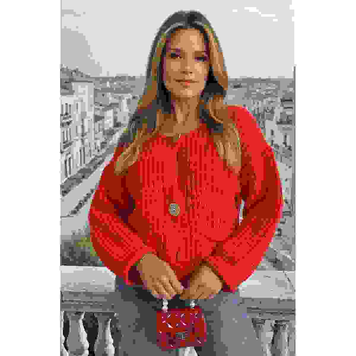 Chunky Cable Button Knit Cardigan – Red ONE SIZE – Chunky Cable Button Knit Cardigan – Red ONE SIZE –