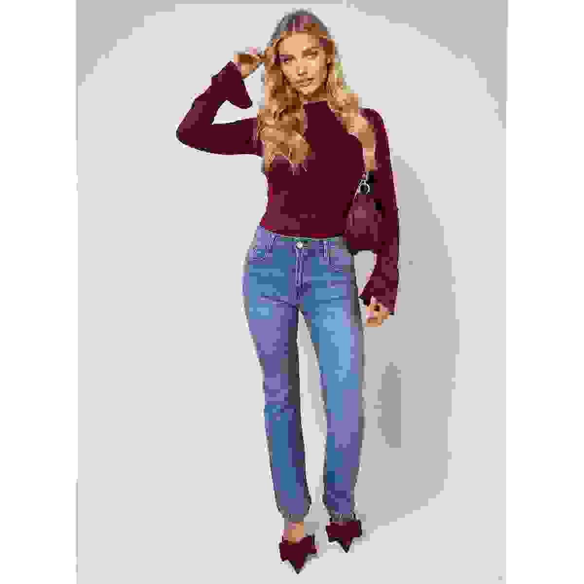Rhinestone Hem High Waist Flare Jeans