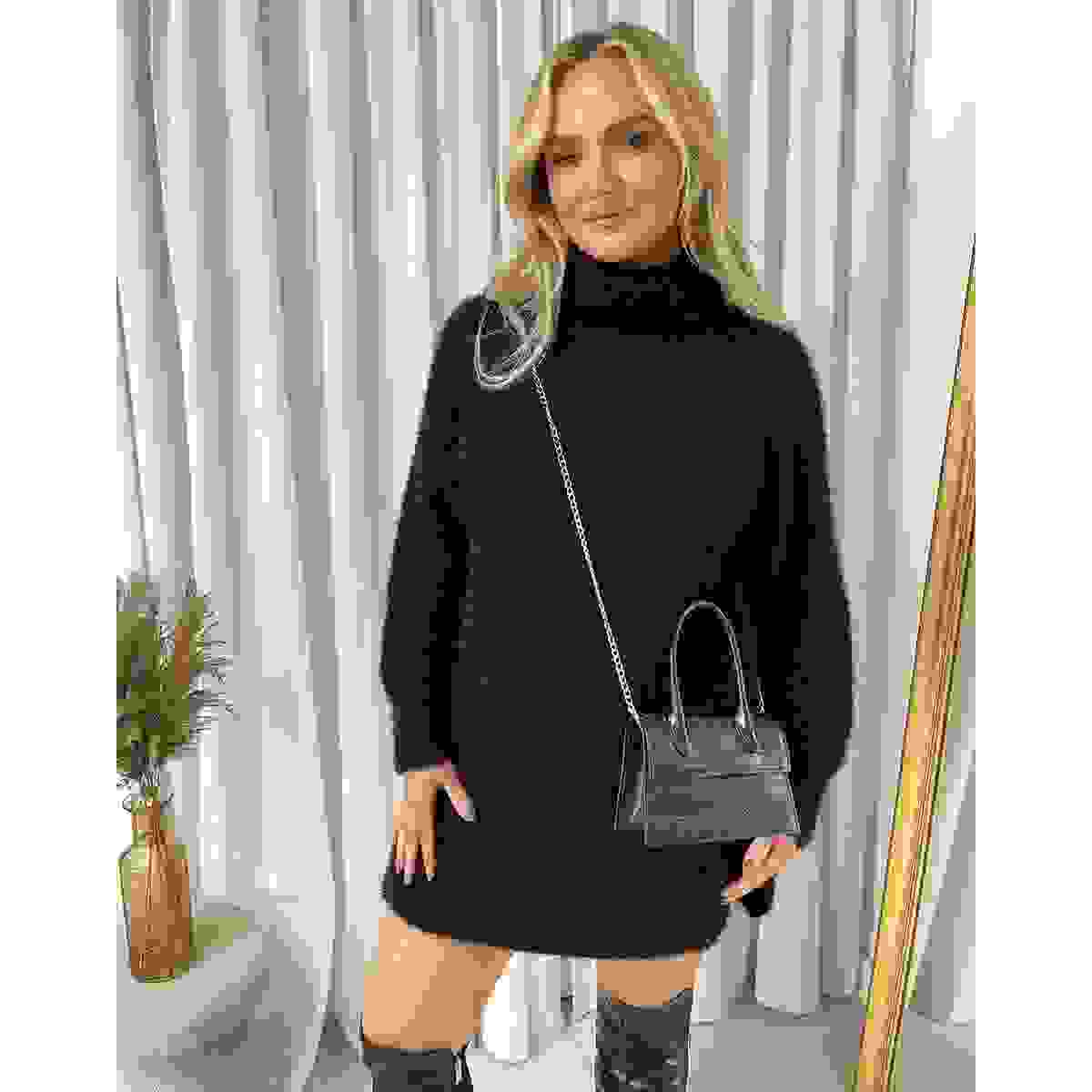Chunky Roll Neck Knitted Jumper – Black ONE SIZE – Chunky Roll Neck Knitted Jumper – Black ONE SIZE –