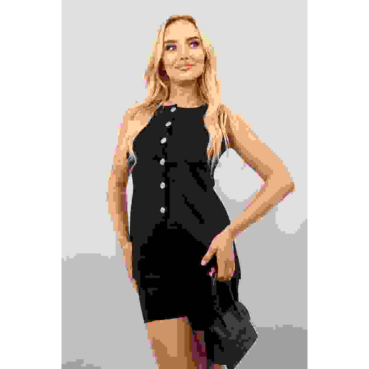 Sleeveless Buttoned Vest Top and Shorts Co-ord Set – Black SM